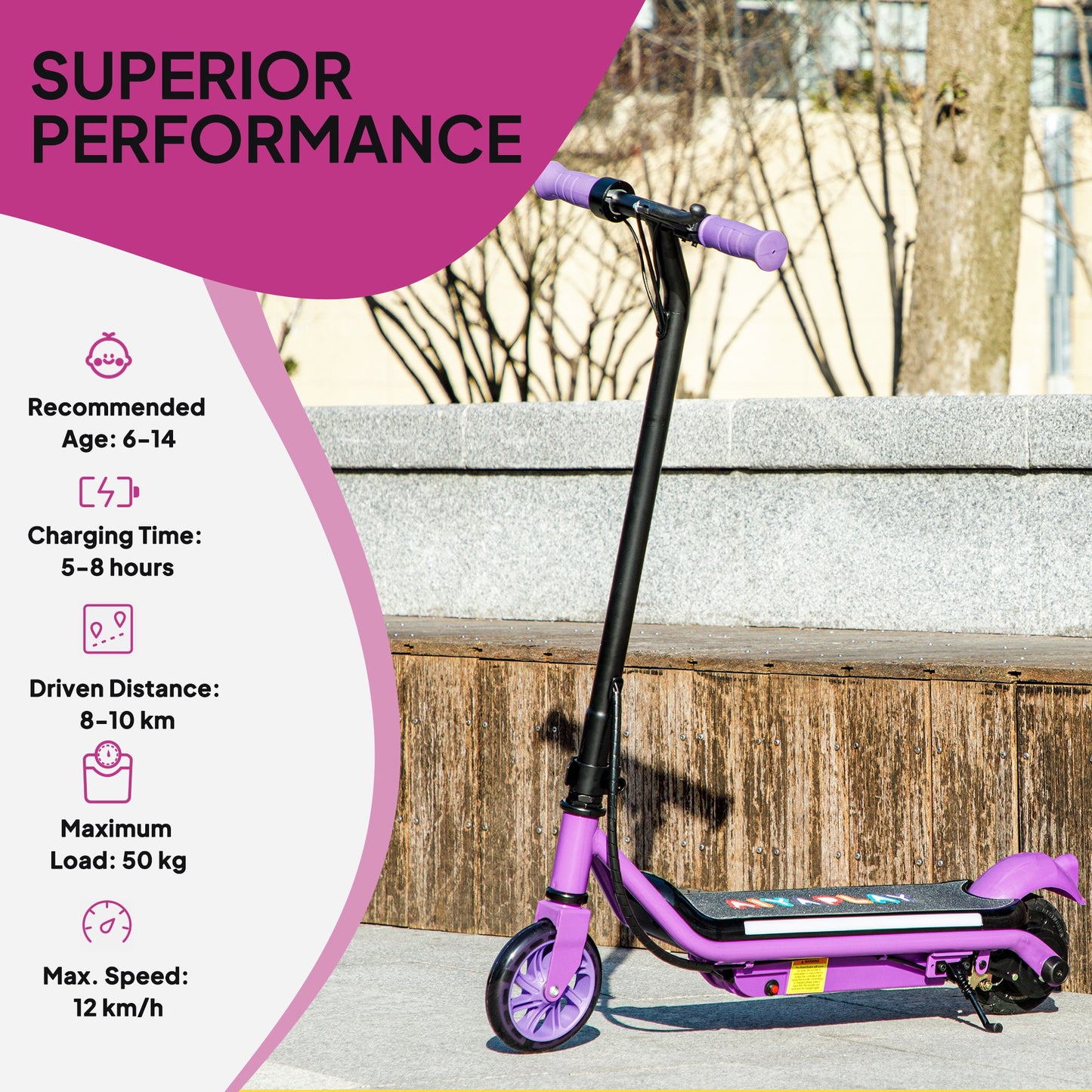 AIYAPLAY Electric Scooter for Kids 6-14, Dual Brakes, Flash Wheel, Colorful Light, Up to 12 KM/H & 10 KM, Purple