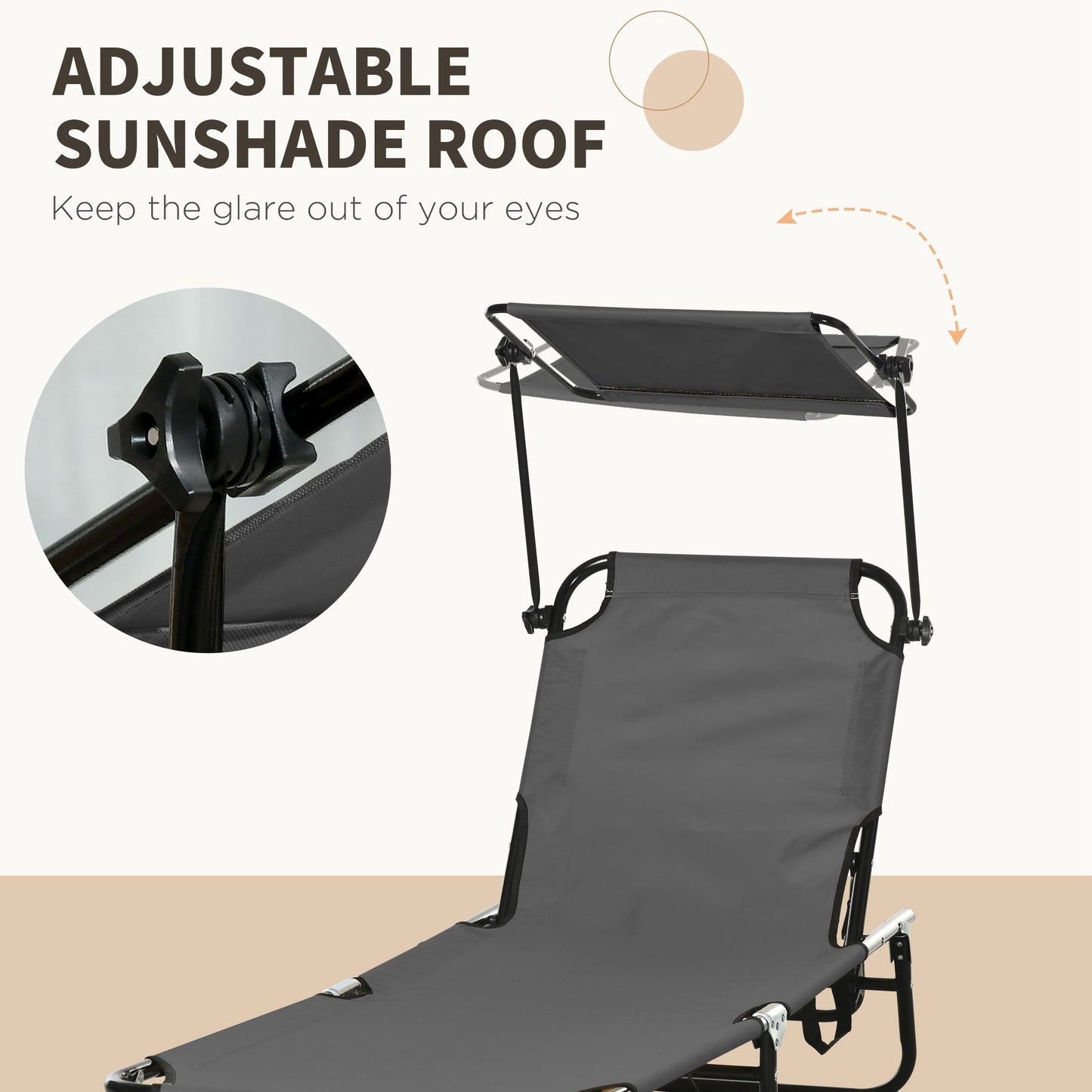 Outsunny 2 Piece Folding Sun Loungers w/ Canopy, Adjustable Garden Chairs, Steel Frame, Dark Grey