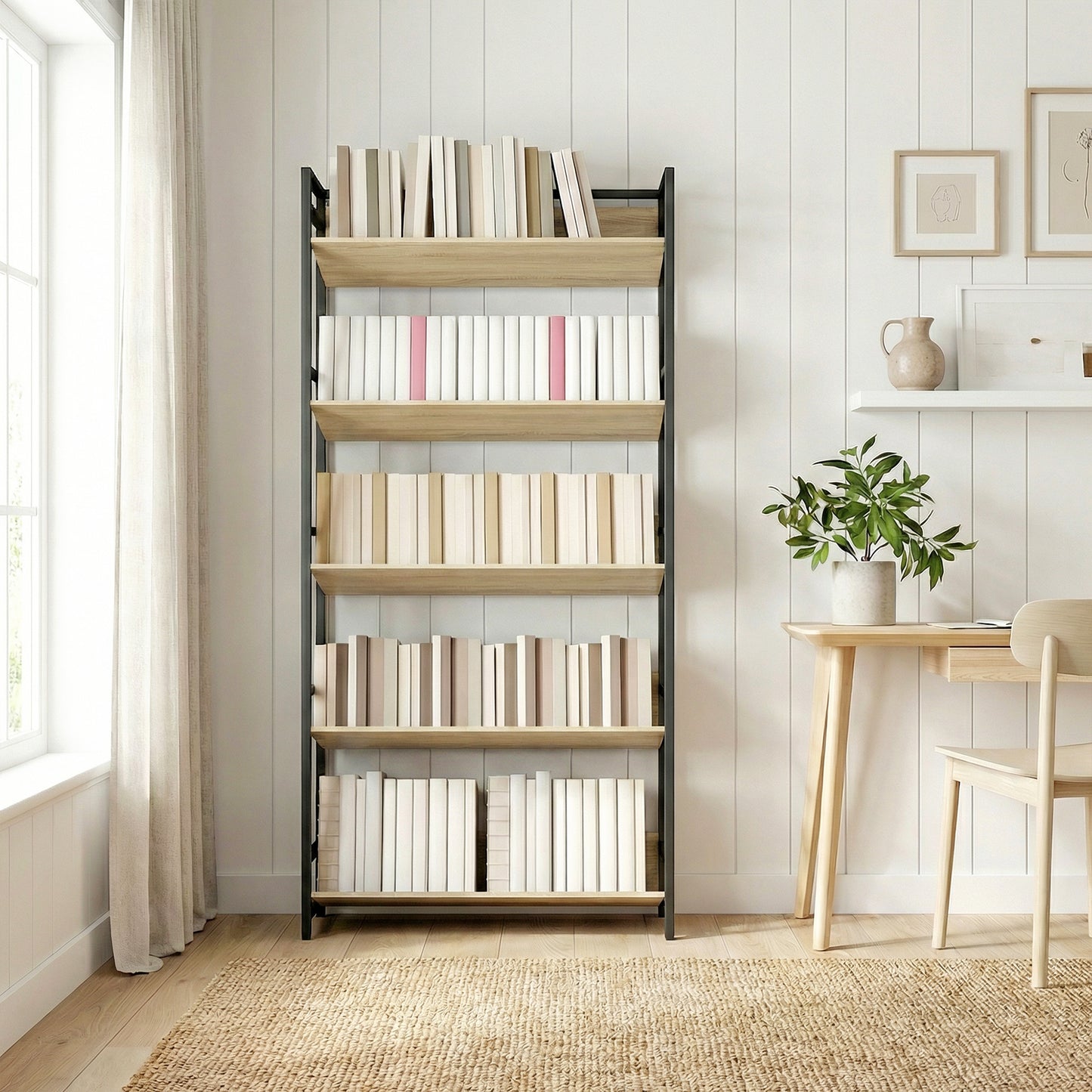 HOMCOM Bookshelf 5-Tier Metal Frame Bookcase Storage Shelves for Living Room Oak