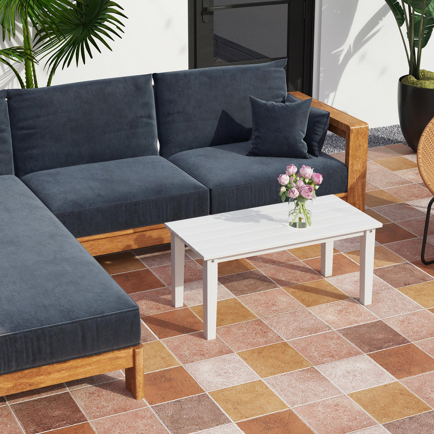 Outsunny Outdoor Garden Coffee Table, All-Weather HDPE with Slatted Top for Patio/Balcony, 91x44x42 cm, White