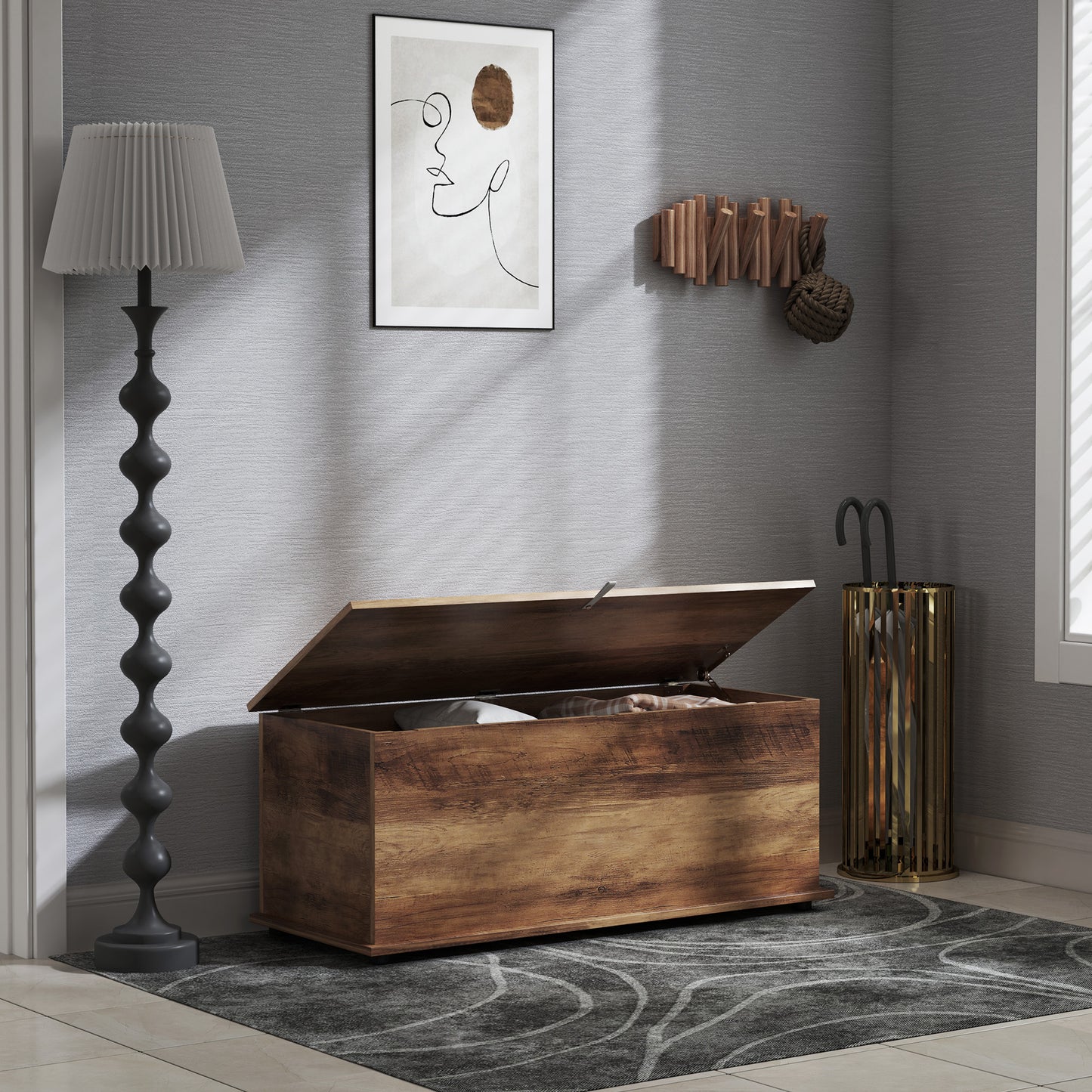 HOMCOM 113L Storage Chest, Flip-Top Lid, 2 Safety Hinges, Trunk for Living Room/Entryway, Grey Wood Grain