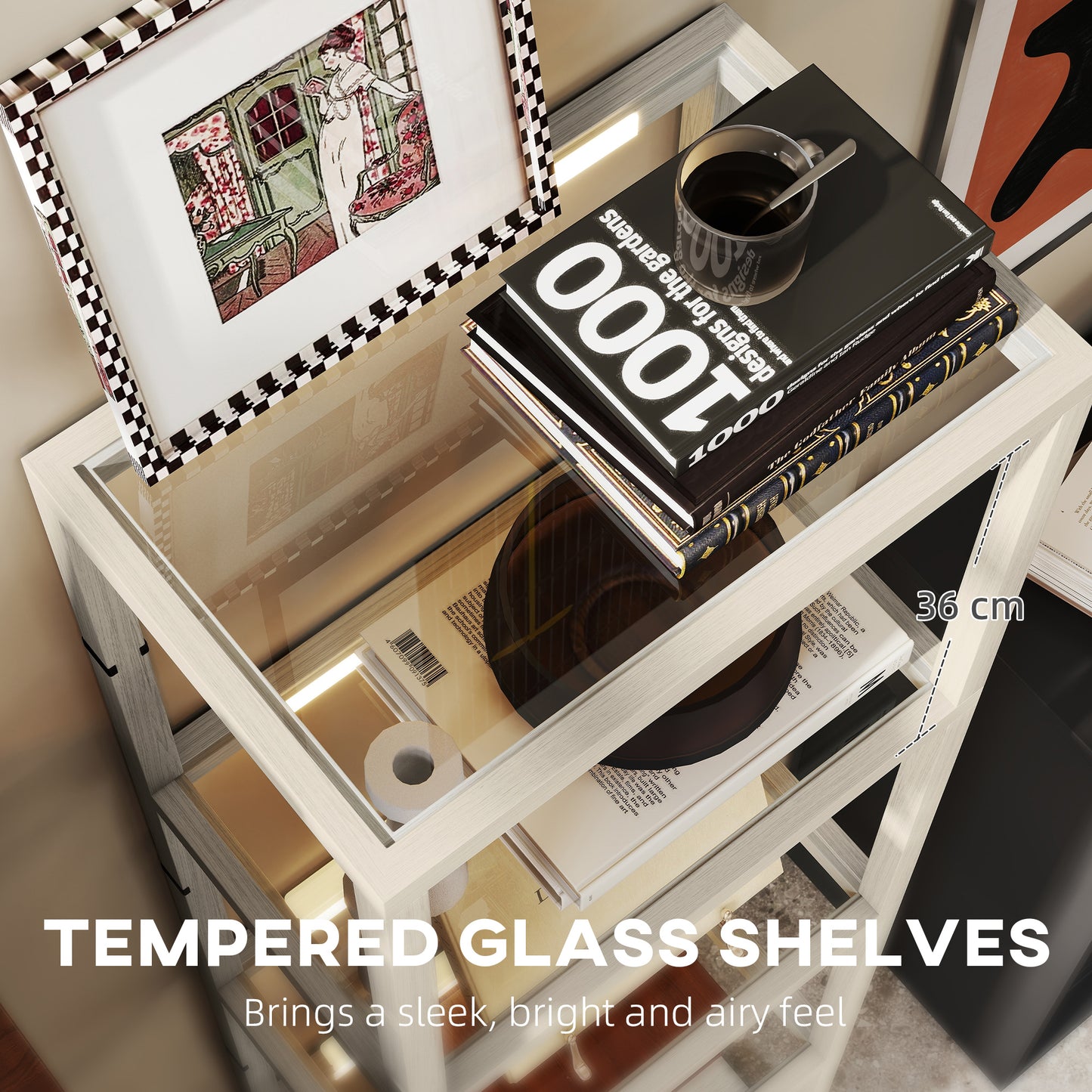 HOMCOM LED Floor Lamp with Glass Shelves, 4-Tier Dimmable Standing Light, Modern Shelf Lamp for Living Room, Bedroom, Office, Oak