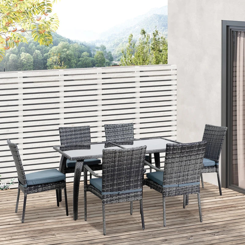 Outsunny 7 Pcs Garden Dining Set Steel Frame PE Rattan Wicker 6 Chairs Large Table Grey