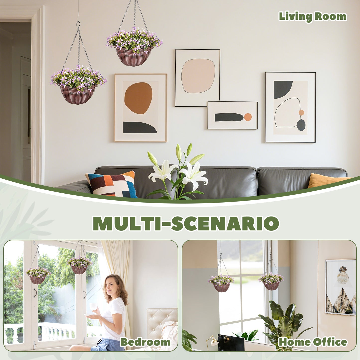 HOMCOM Set of 2 Artificial Flowers in Basket, Decorative Hanging Baskets with 75 Leaves & 15 Flowers for Home or Office Decor, Purple