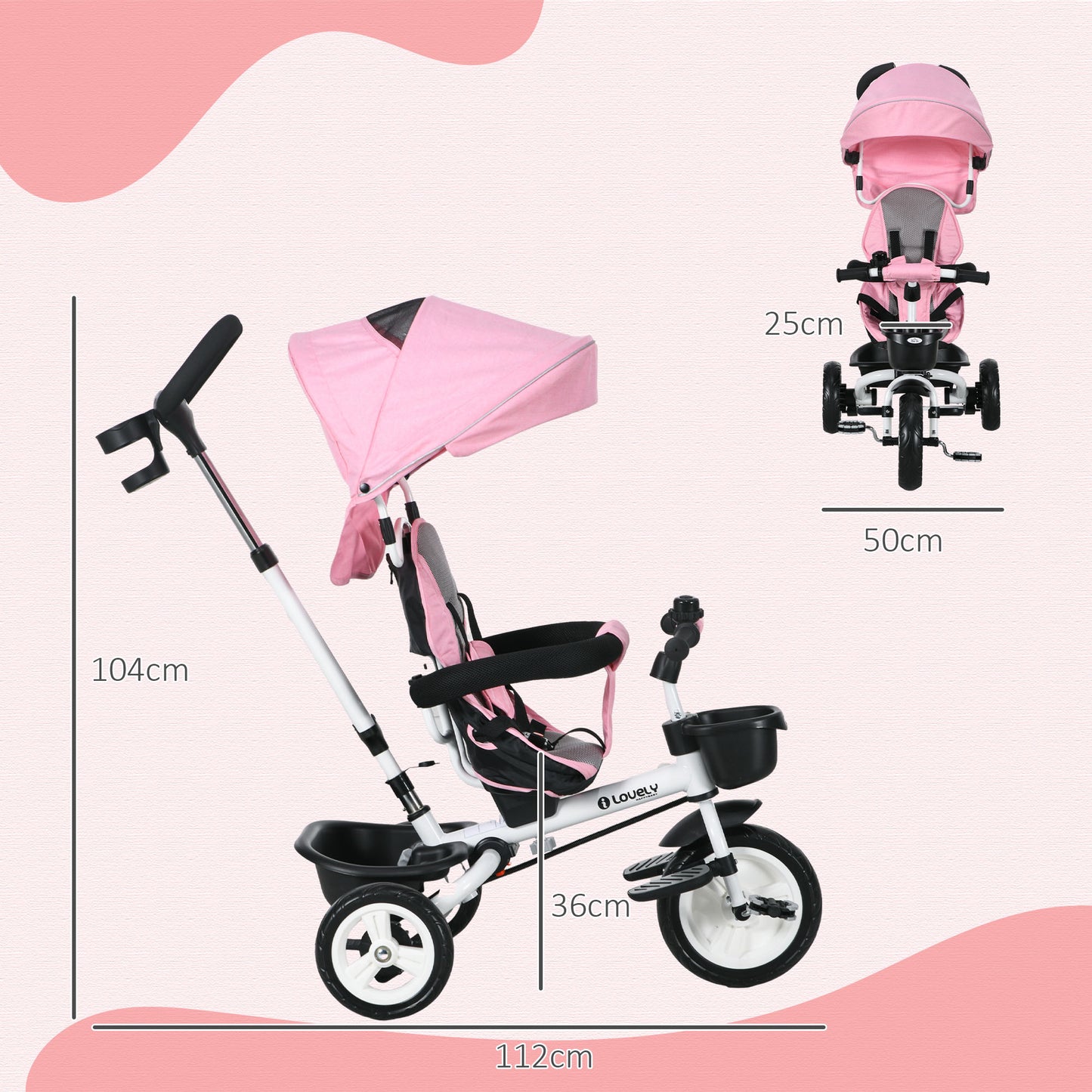HOMCOM Metal Frame 4 in 1 Baby Push Tricycle with Parent Handle for 1-5 Years Old Pink