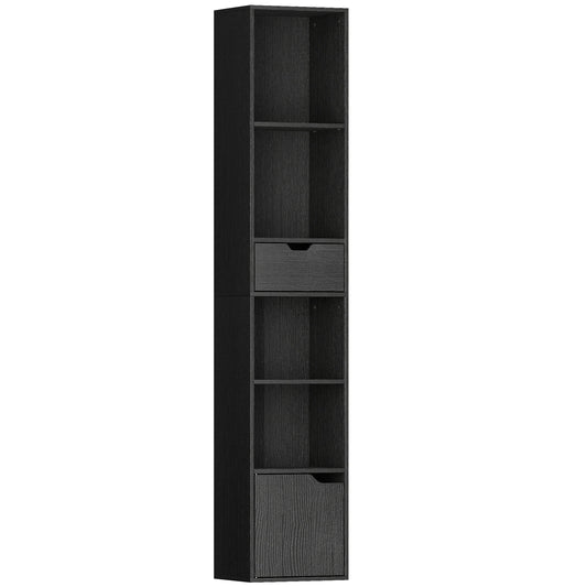 HOMCOM 6-Tier Bookcase, Tall Narrow Bookshelf with Drawer and Door - Black