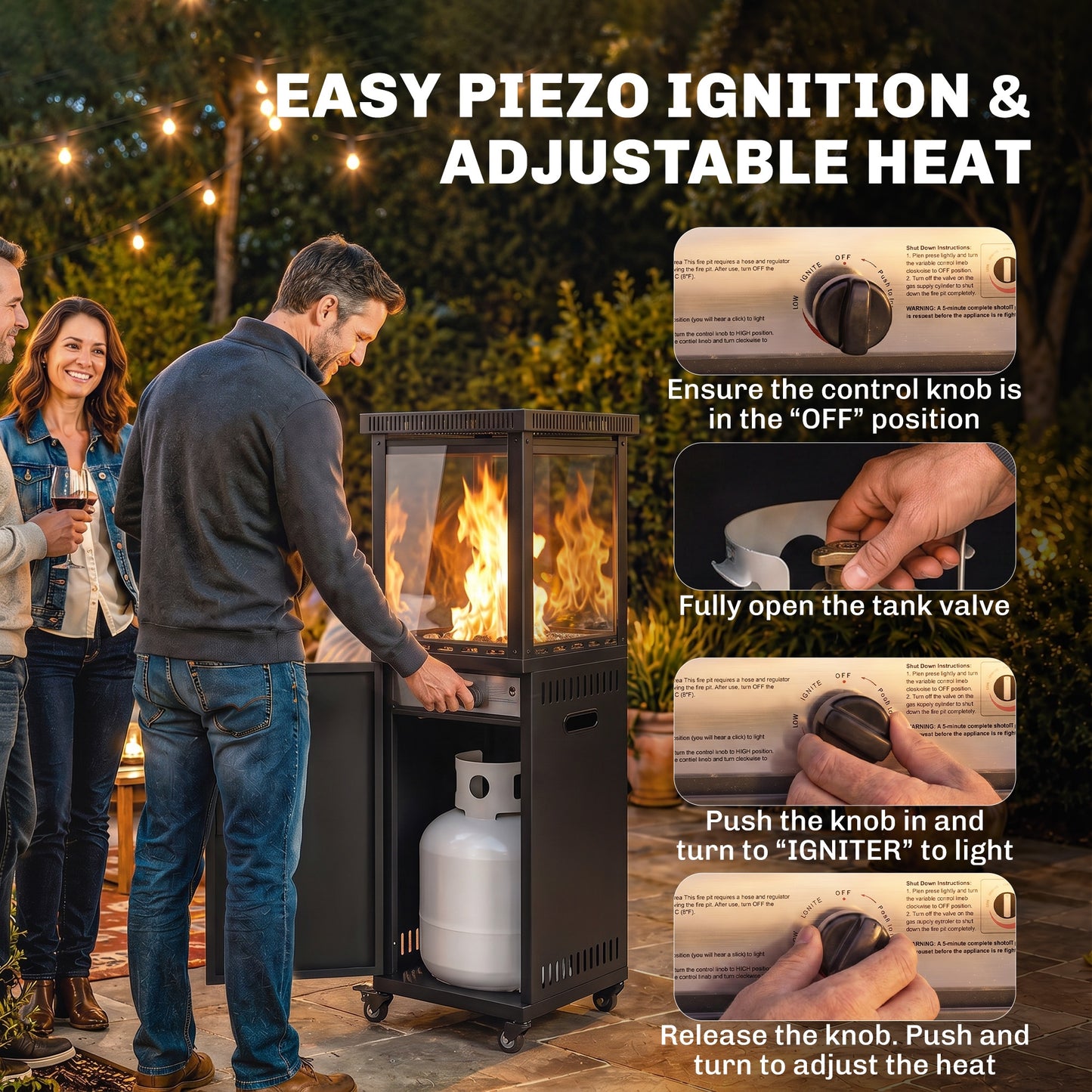 Outsunny Gas Patio Heater, 13 kW Portable Propane Outdoor Heater with Stepless Heat Control, Tip-over Protection, 4 Wheels, Black