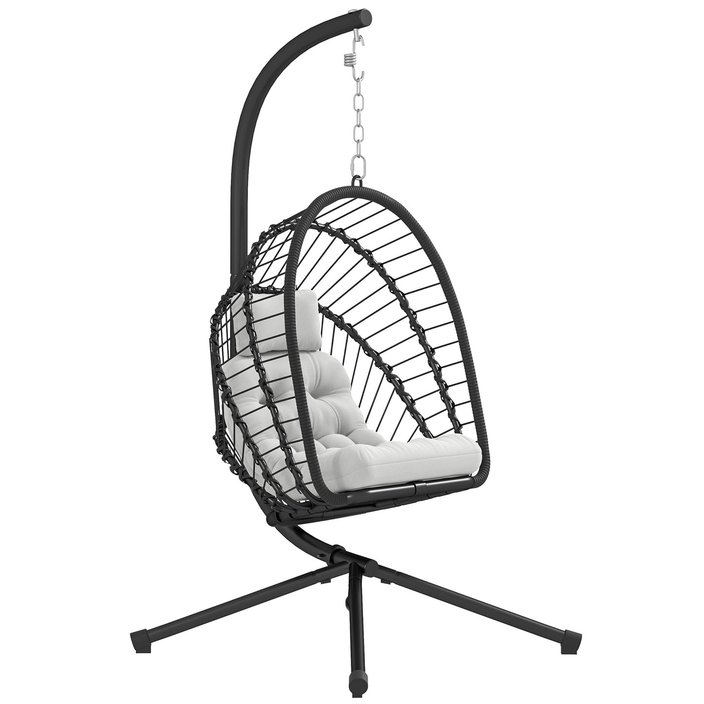 Outsunny Garden Swing Chair, Rattan Egg with Cushion & Metal Stand, for Indoor/Outdoor Use, Black