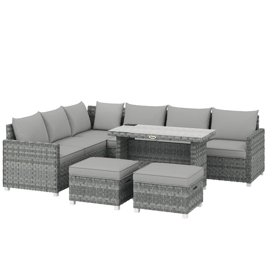 Outsunny 6 Seater Rattan Garden Furniture Set with 3 Sofas, 2 Footstools, Table, Patio Rattan Furniture Sofa Sets, Grey