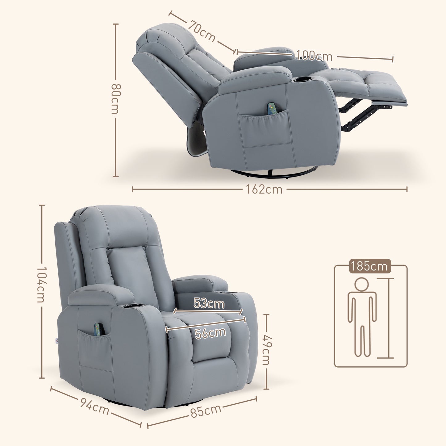 HOMCOM Massage Recliner Chair with Heat, PU Leather, Cup Holders, Side Pockets, Swivel, Rocking, Grey