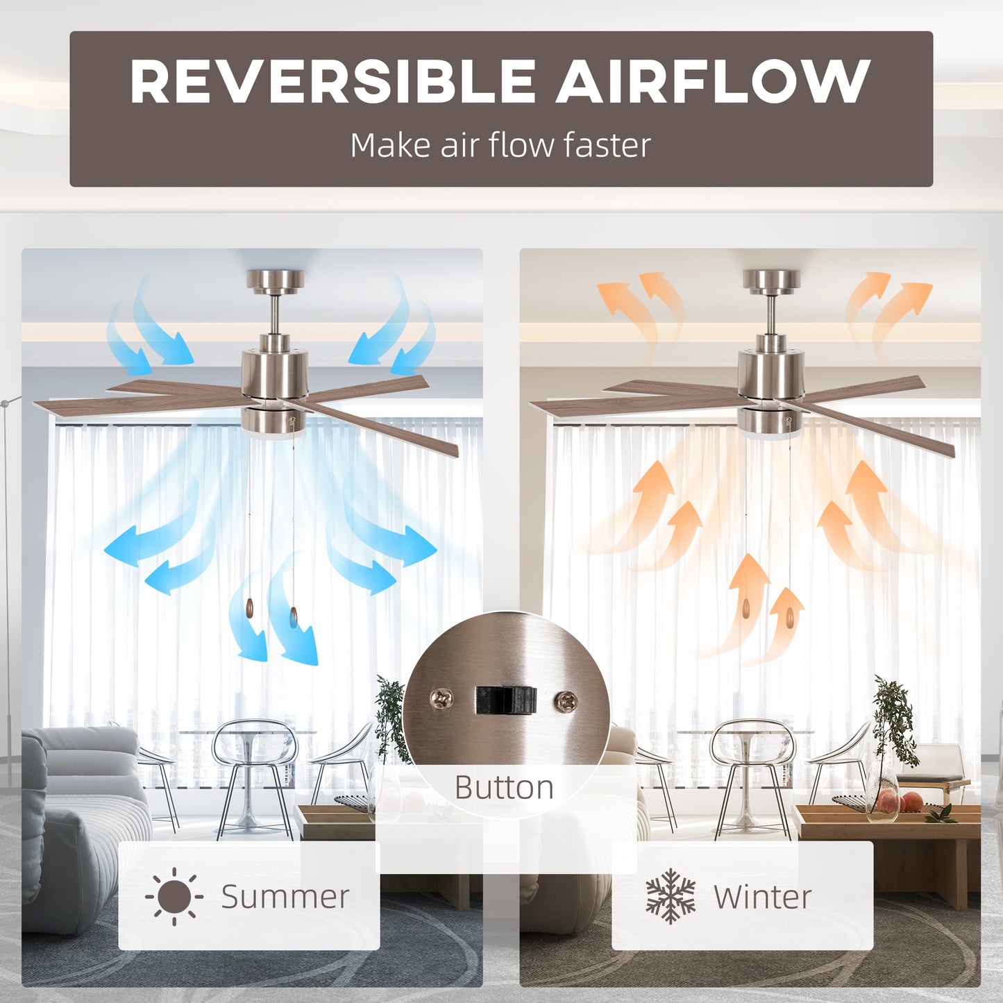 HOMCOM Ceiling Fan with LED Light Flush Mount Ceiling Fan Lights with Reversible Blades Pull-chain Silver and Natural Tone