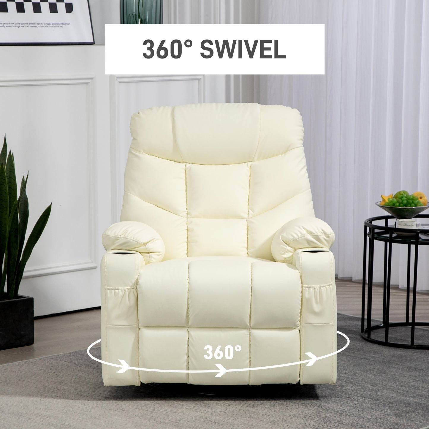 HOMCOM Manual Reclining Chair, Recliner Armchair with Swivel, Faux Leather, Footrest, Cup Holders, 86x93x102cm, Cream