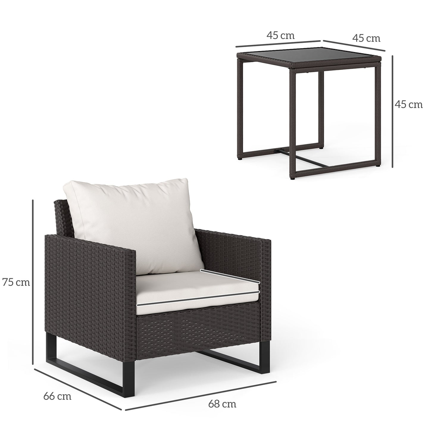Outsunny 3-Piece Rattan Bistro Set with Cushions, Wicker Furniture, Glass Coffee Table & Chairs for Patio, Balcony, Terrace, Brown