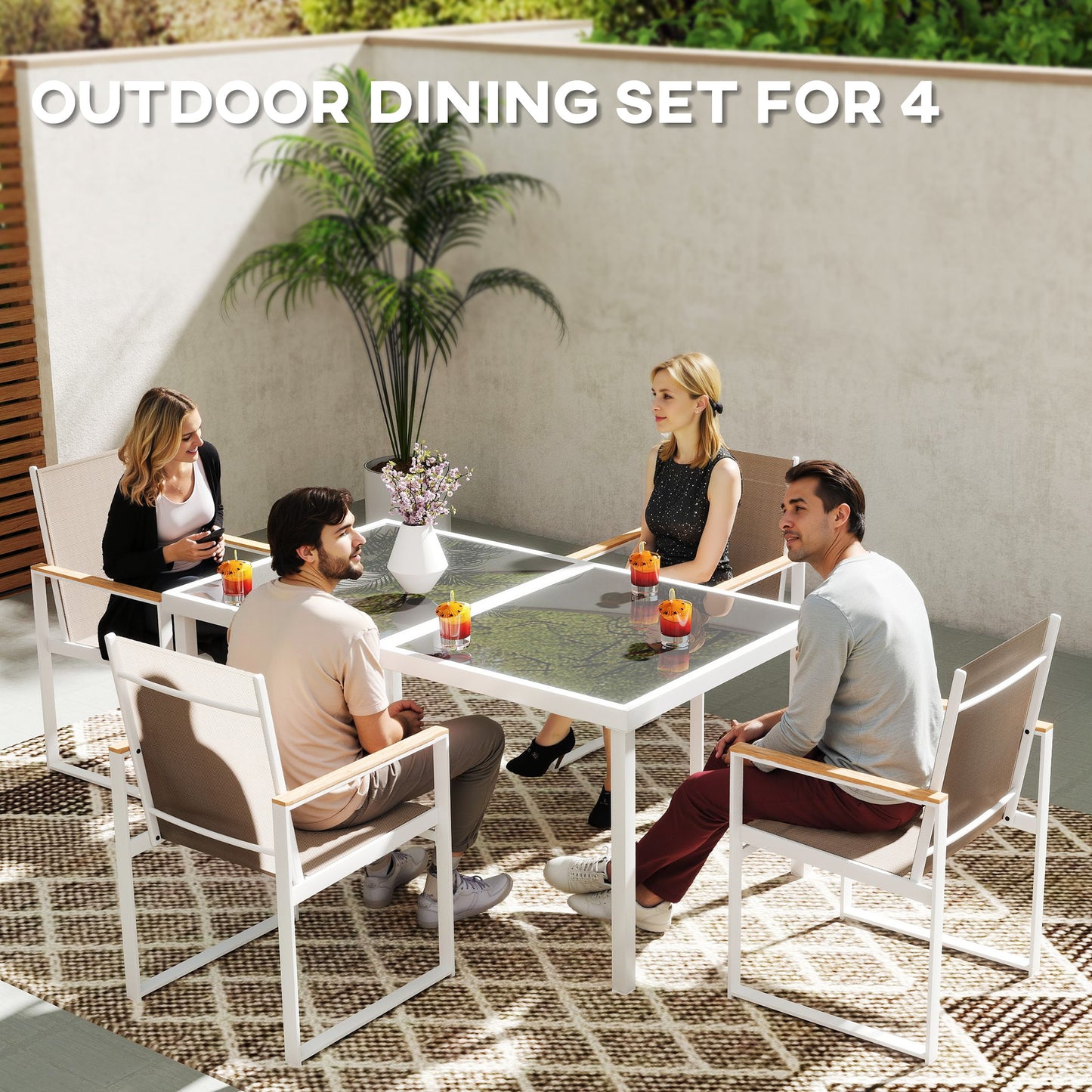 Outsunny 5 Piece Garden Furniture Set with 4 Armchairs and Tempered Glass Table Top, for Deck, Balcony