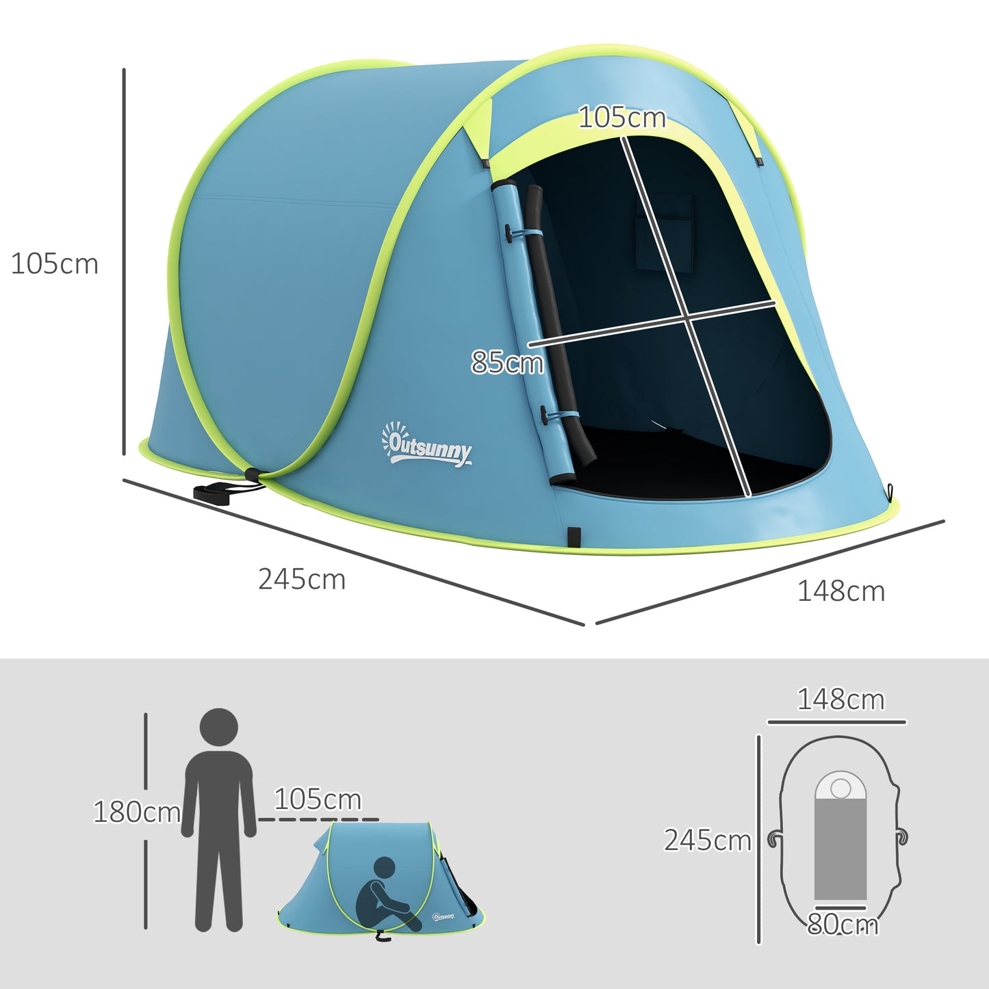 Outsunny 2 Man Pop up Camping Tent 2000mm Waterproof with Carry Bag for Fishing Hiking Backpacking Blue