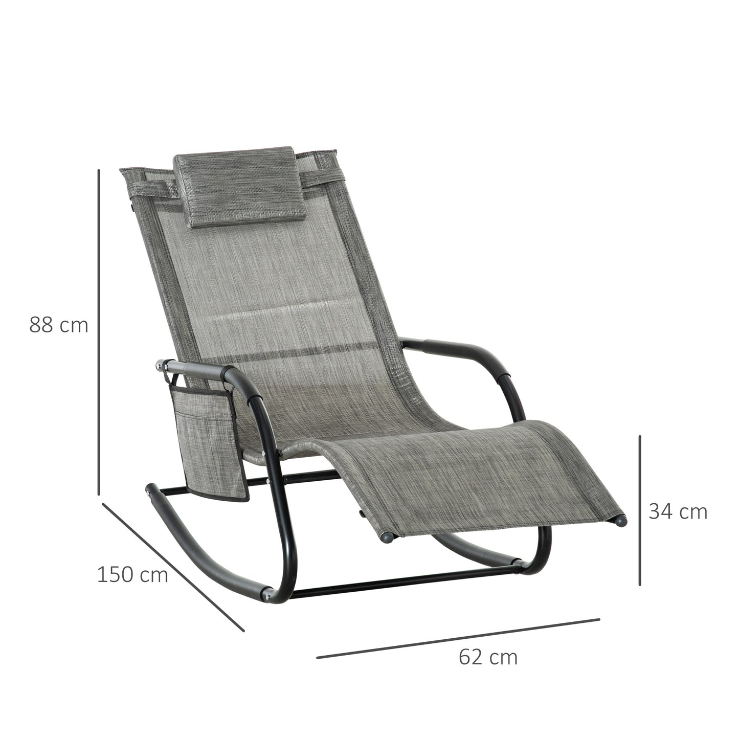 Outsunny 2PCs Outdoor Garden Rocking Chair, Patio Sun Lounger with Mesh Fabric, Removable Pillow, Armrest, Storage Bag, Dark Grey