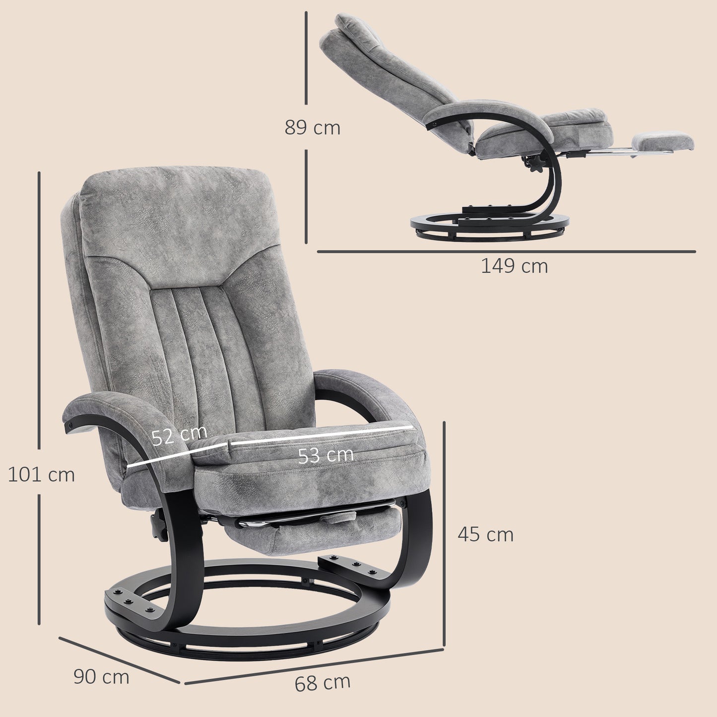 HOMCOM Swivel Recliner Chair with Footrest, Manual Recliner Armchair with Wooden Base, Bedroom, Grey