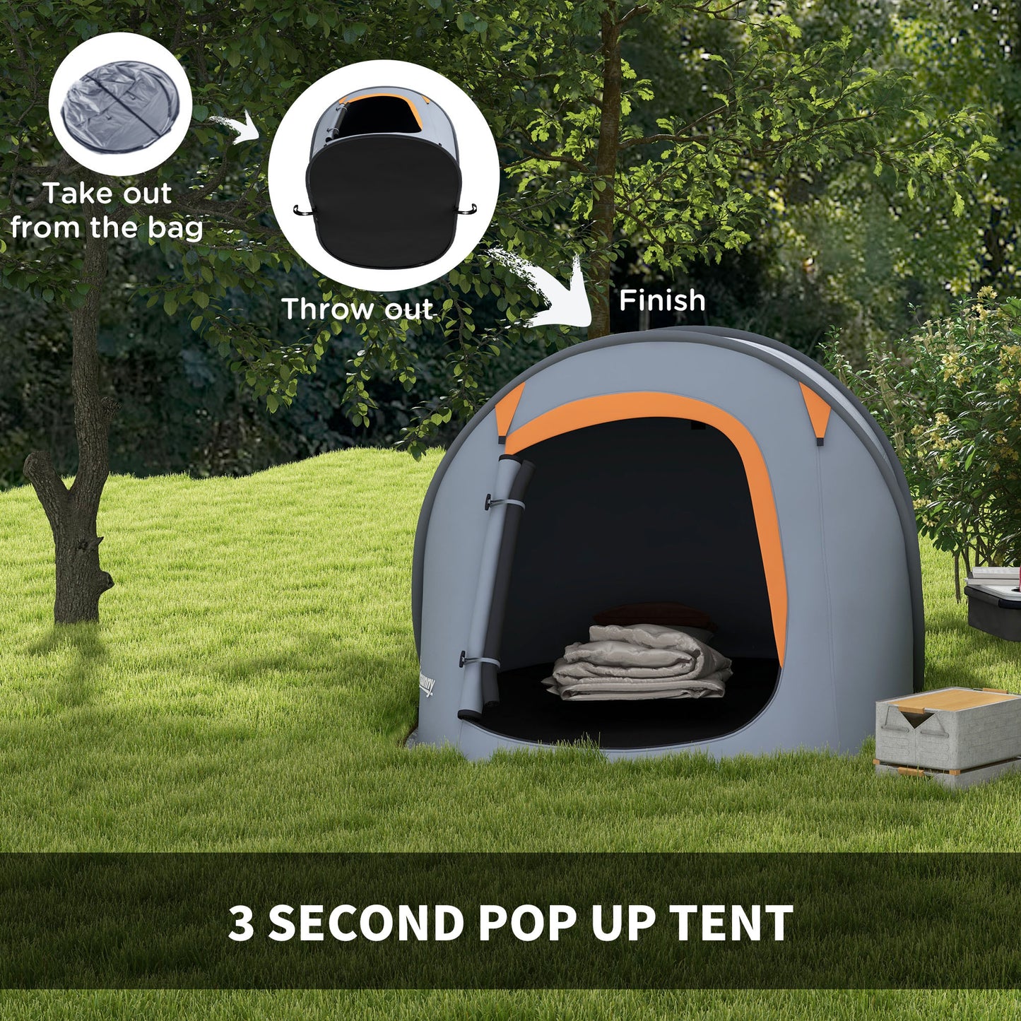 Outsunny 2 Man Pop up Camping Tent 2000mm Waterproof with Carry Bag for Fishing Hiking Backpacking Grey and Orange