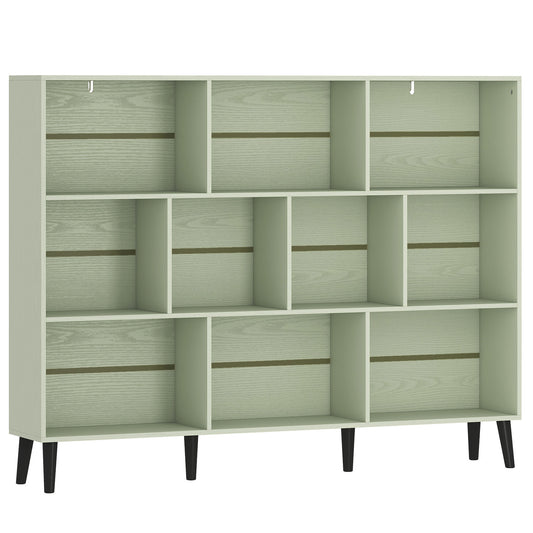 HOMCOM 10-Cube Bookcase, 3-Tier Book Shelf with Solid Wood Legs, 140 cm Modern Bookshelf with Anti-Tip Kit, Light Green