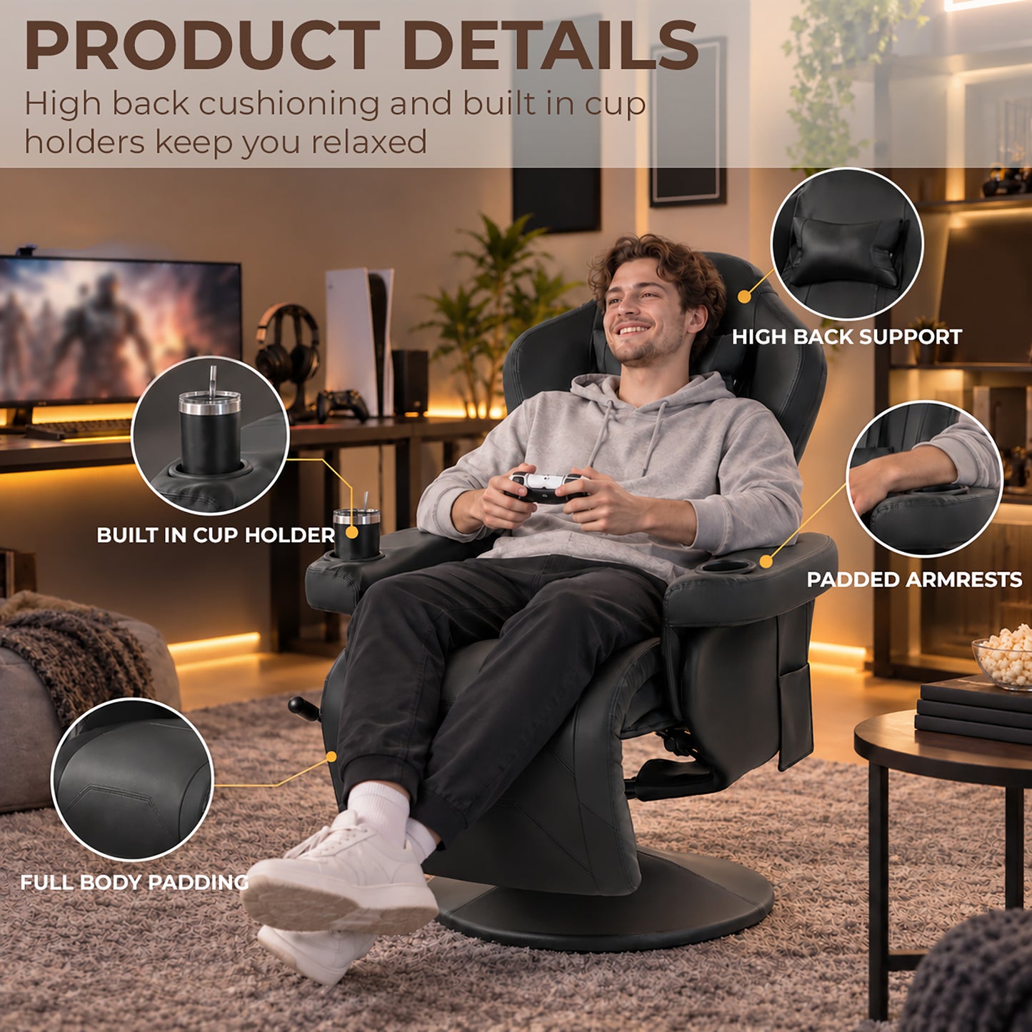 HOMCOM Manual Recliner Armchair PU Leather Lounge Chair w/ Adjustable Leg Rest, 135° Reclining Function, 360° Swivel, Black