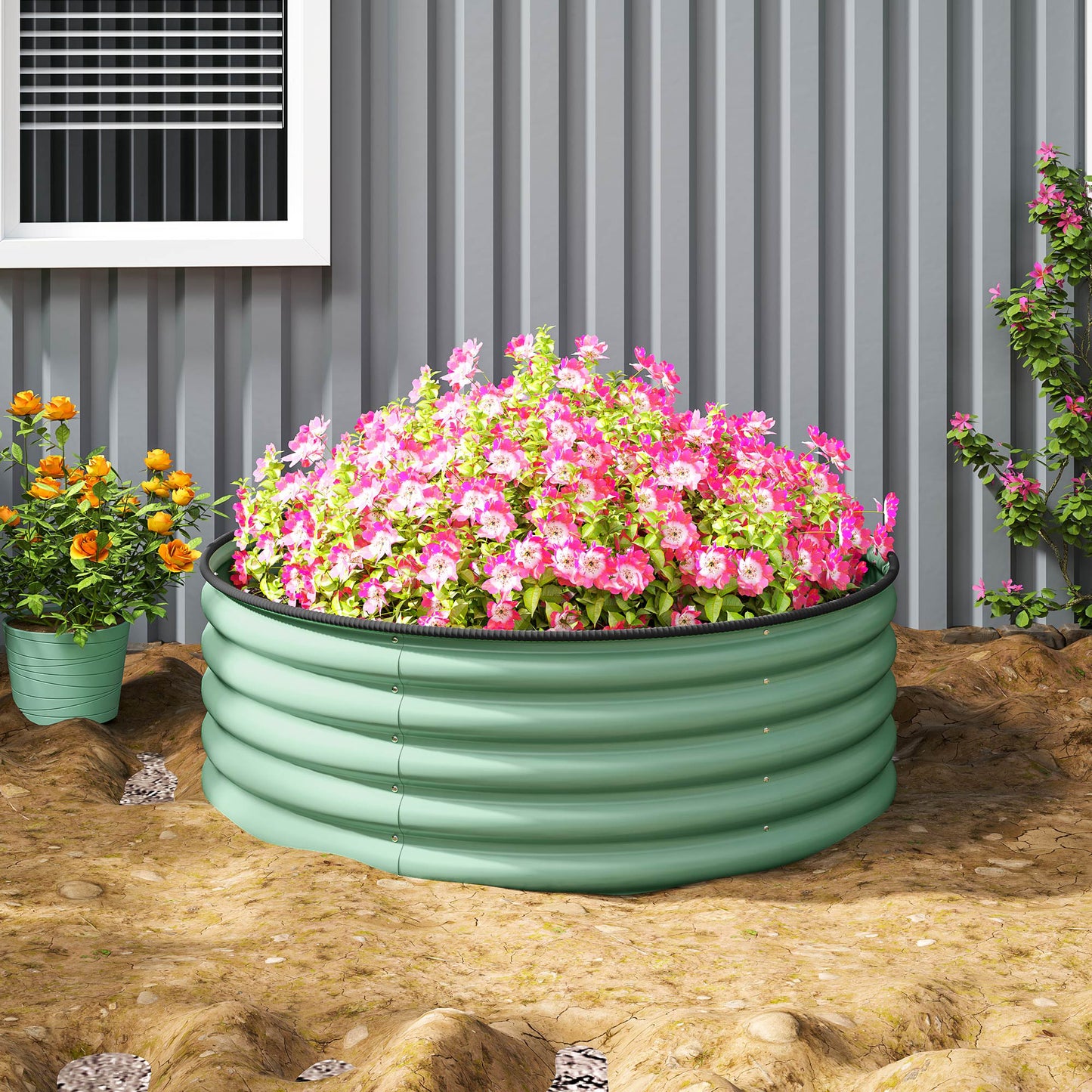 Outsunny Galvanised Raised Garden Bed with Safety Edging, Outdoor Raised Planter Box with Gloves, 120 x 120 x 43cm, Light Green