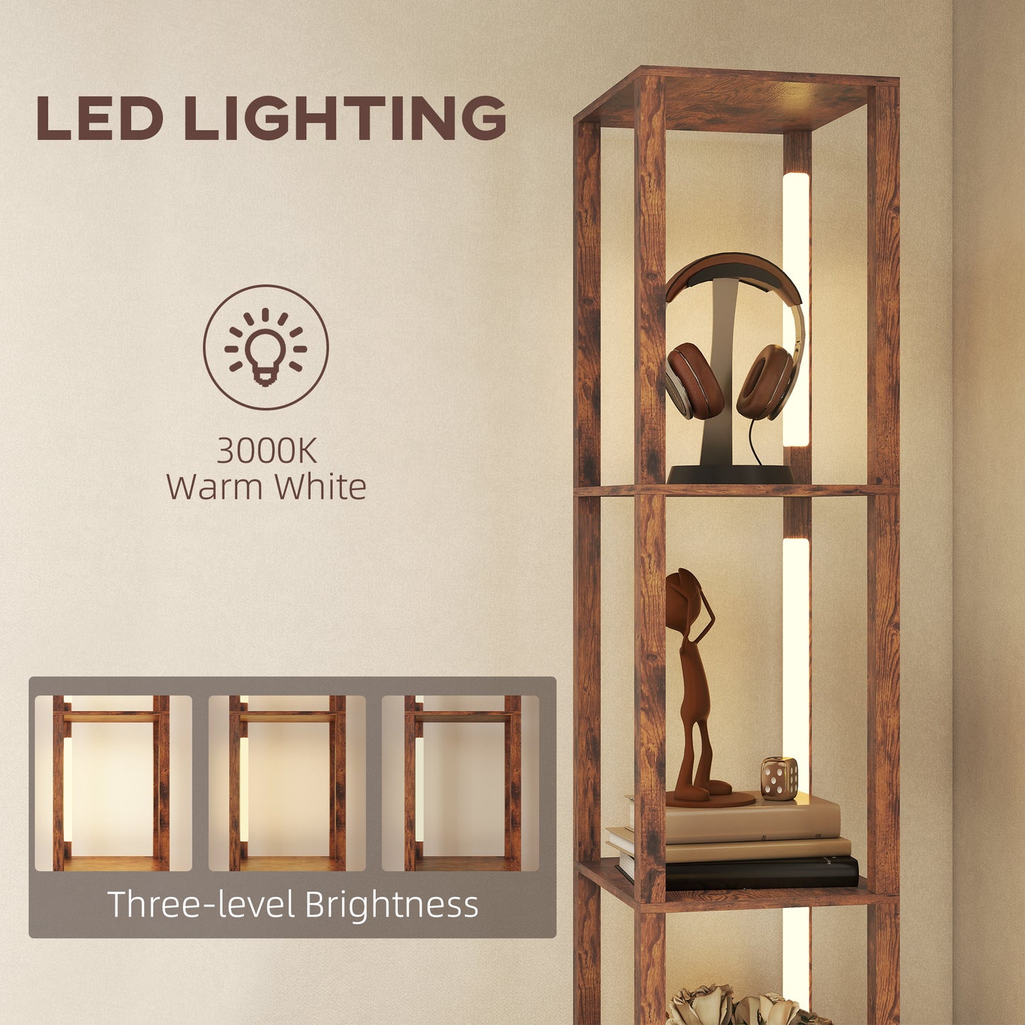 HOMCOM Floor Lamp with Shelves, LED Column Modern Standing Lamp, Adjustable Brightness, Foot Switch, Fabric Drawer, Rustic Brown