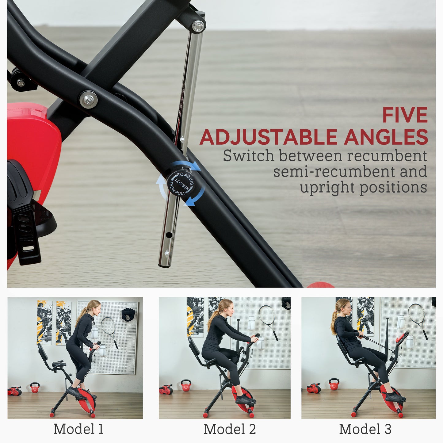 SPORTNOW 5-In-1 Folding Exercise Bike with Arm Bands, 8-Level Resistance, LCD, Tablet Holder, Red