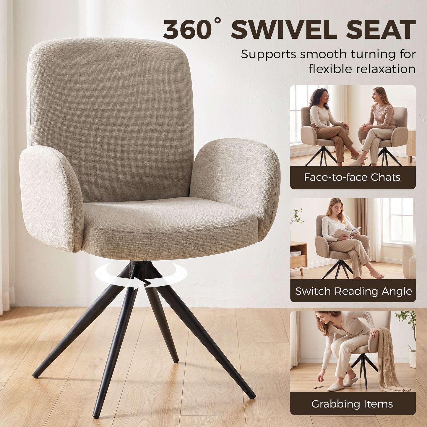 HOMCOM Swivel Accent Chair, Upholstered Linen-Look Armchair with Curved Backrest, Wrapped Armrests for Living Room, Light Brown