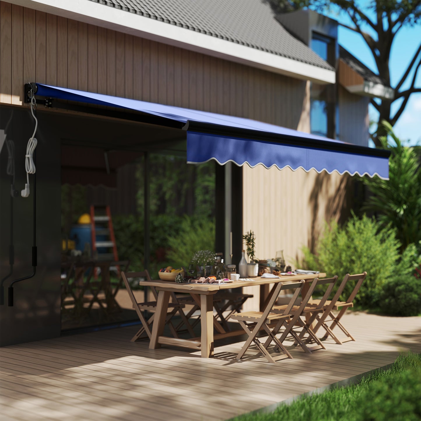 Outsunny 3 x 2.5m Blue Electric Awning with LED, Remote, Aluminium Frame, UV50+ Canopy for Garden/Patio