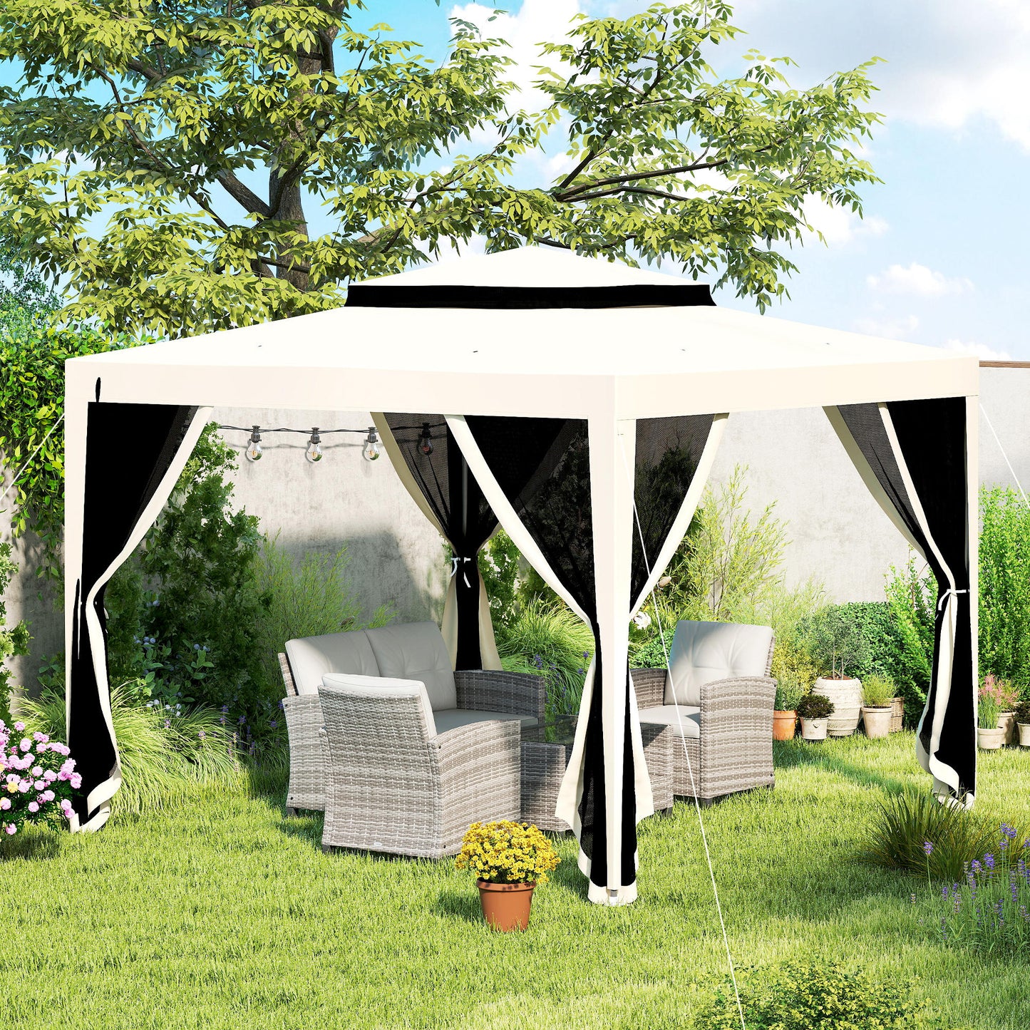 Outsunny 3 x 3 m Gazebo, Netting Party Tent, Patio Canopy Outdoor Event Shelter with Double Tier Roof, Cream White