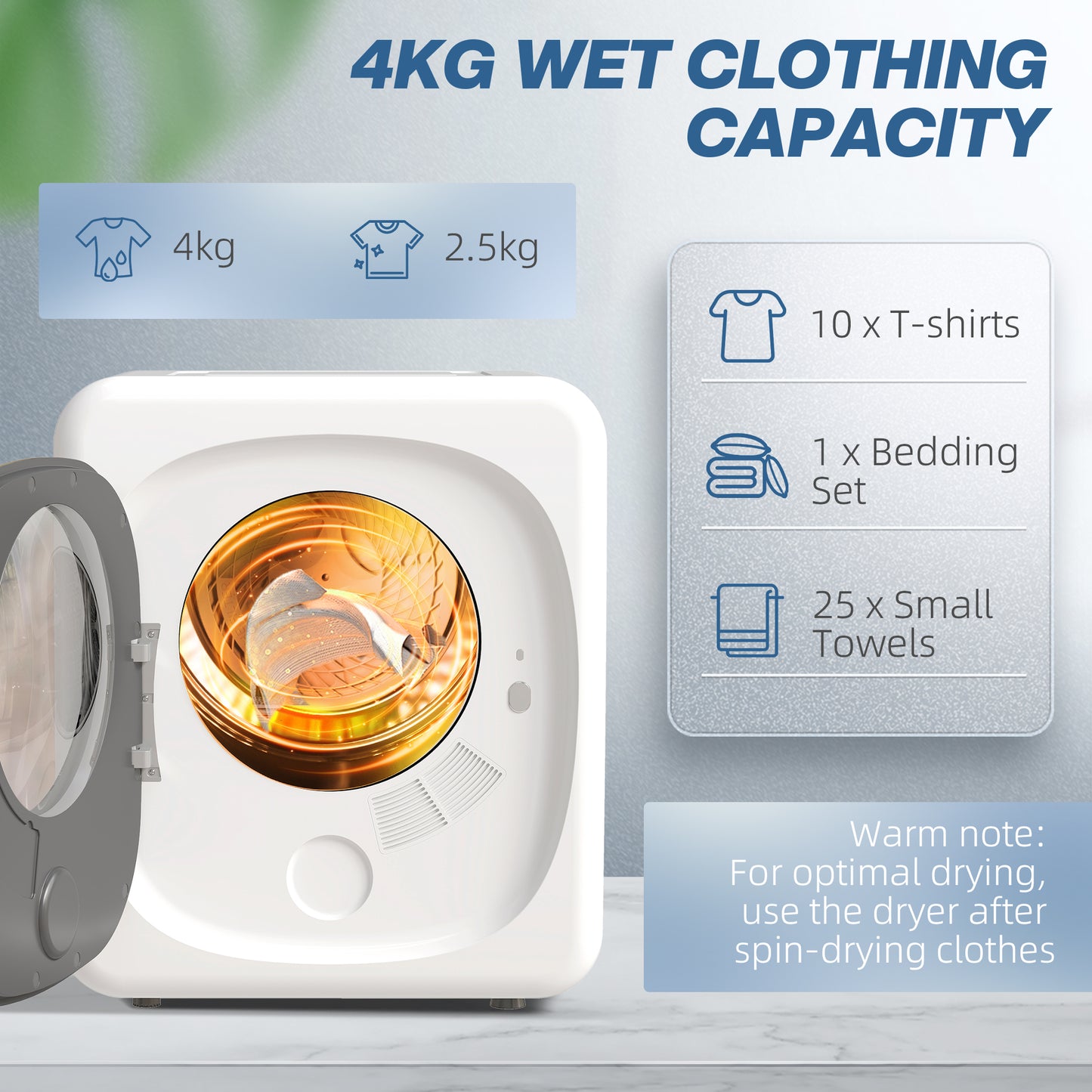HOMCOM 4kg Vented Tumble Dryer, 800W Freestanding with 5 Modes, Smart Sensor, Timer, Stainless Steel Tub, Wall-Mount Option, White