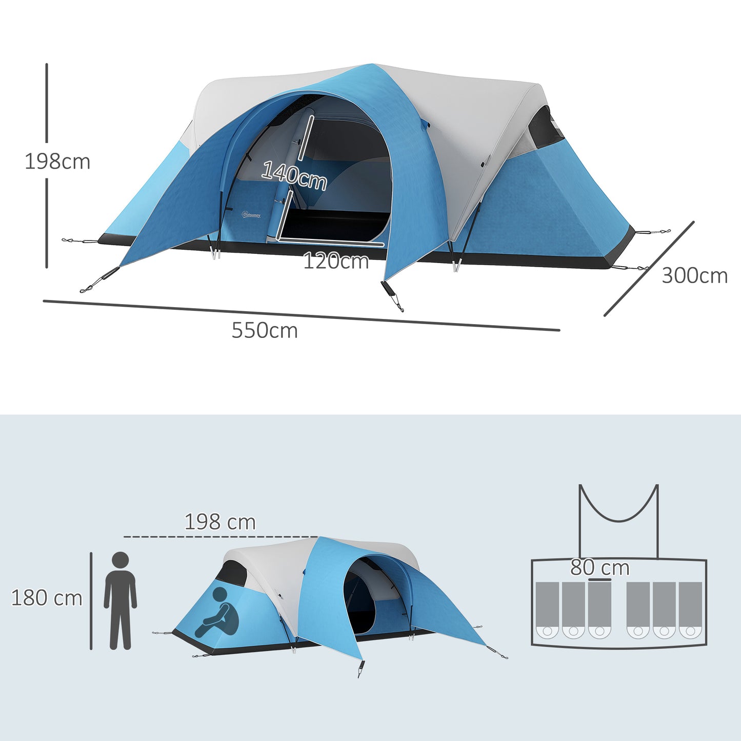 Outsunny 3000mm Waterproof Camping Tent for 5-6 Man Family Tent with Porch and Sewn in Groundsheet Portable with Bag Blue