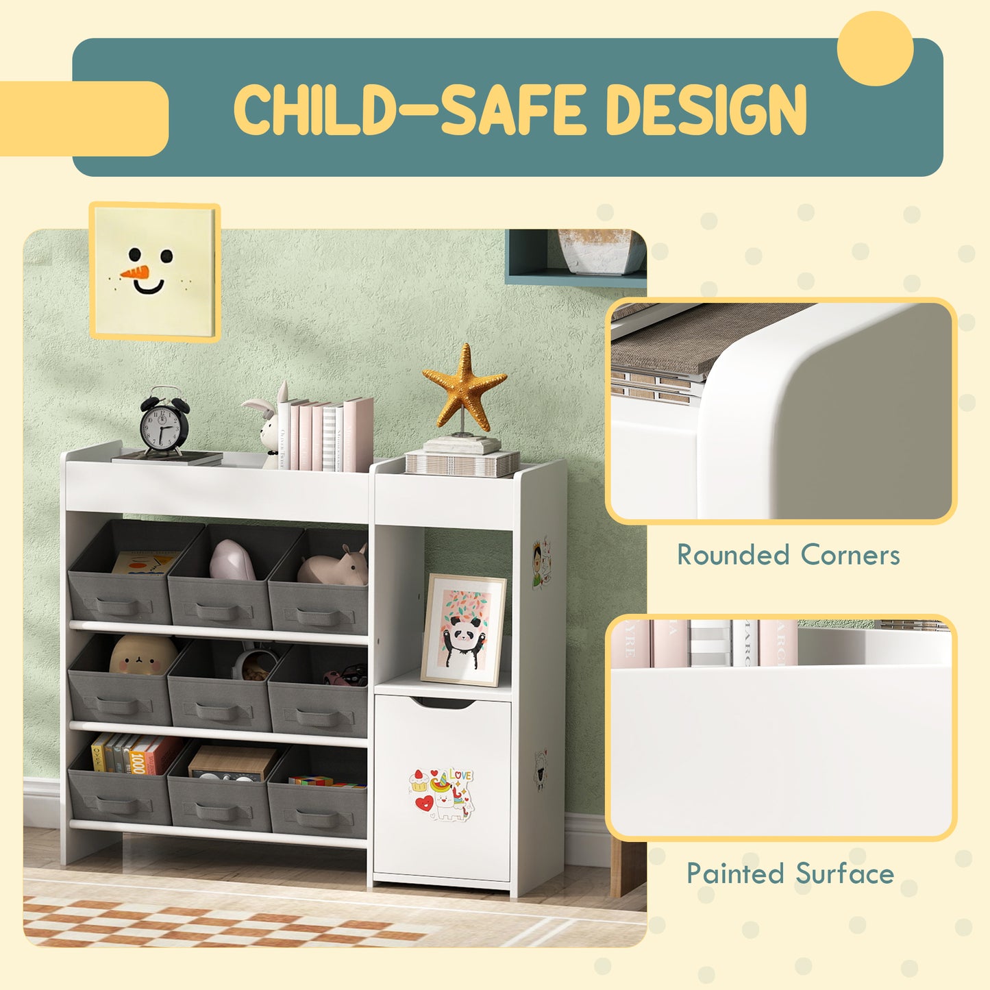 AIYAPLAY Kids Toy Storage, 9 Removable Fabric Bins, Wooden Toy Storage Units for Toys and Books for Bedroom, Nursery, White