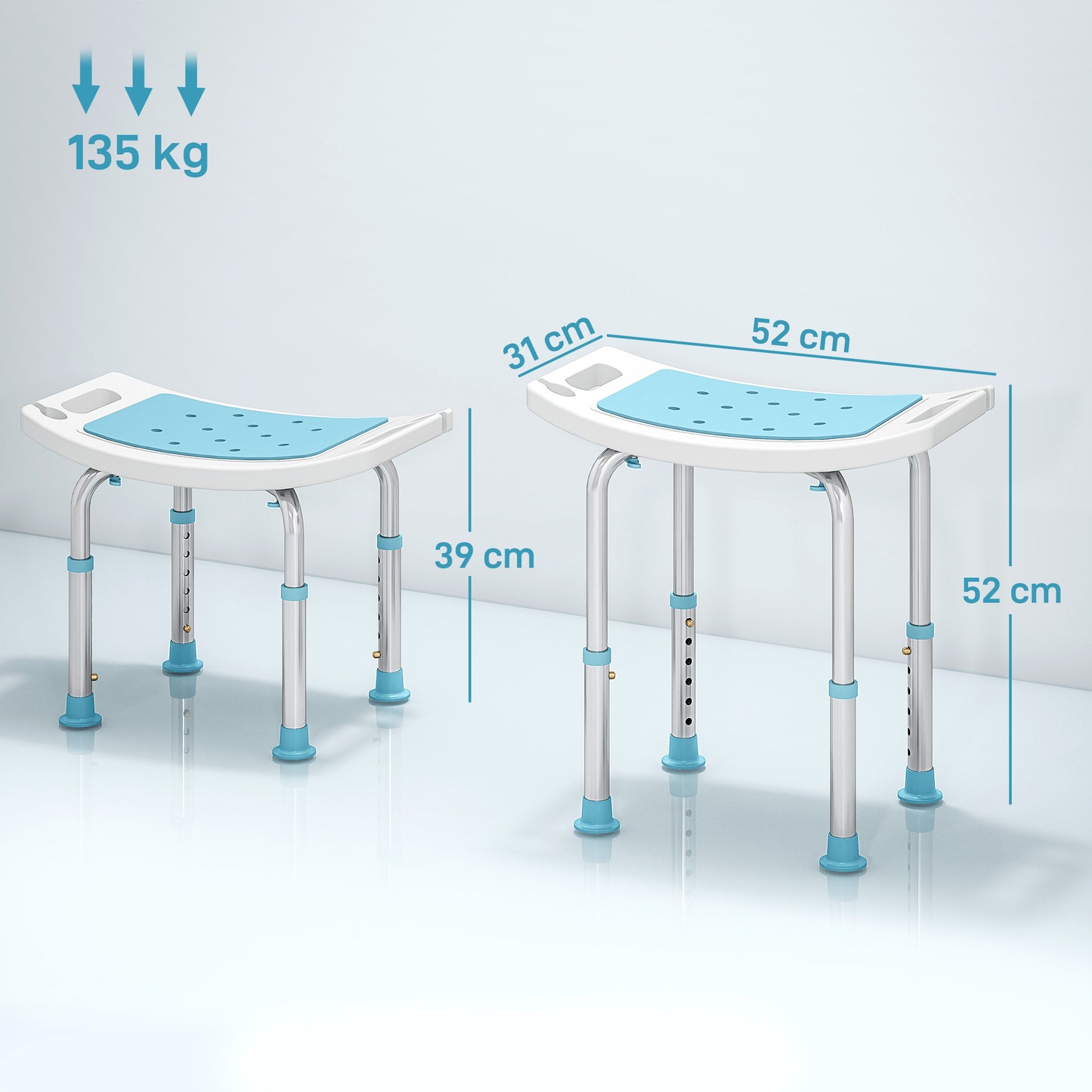 HOMCOM Adjustable Height Shower Chair with Aluminium Frame, Non-Slip Feet for Elderly/Disabled, Turquoise