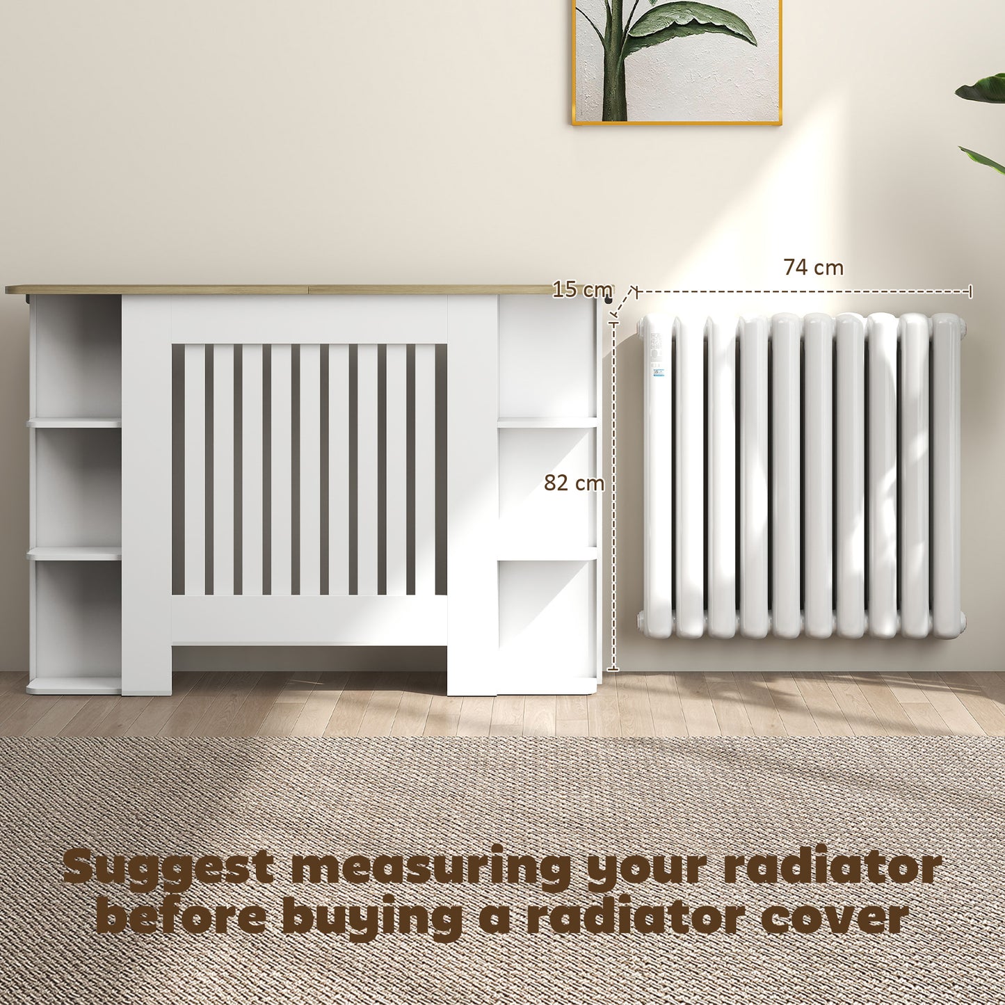HOMCOM Radiator Cover with Open Storage Shelves, Vertical Slatted Cabinet Shelf for Living Room, Hallway, Medium, White (H: 83/W: 124/D: 19 cm)