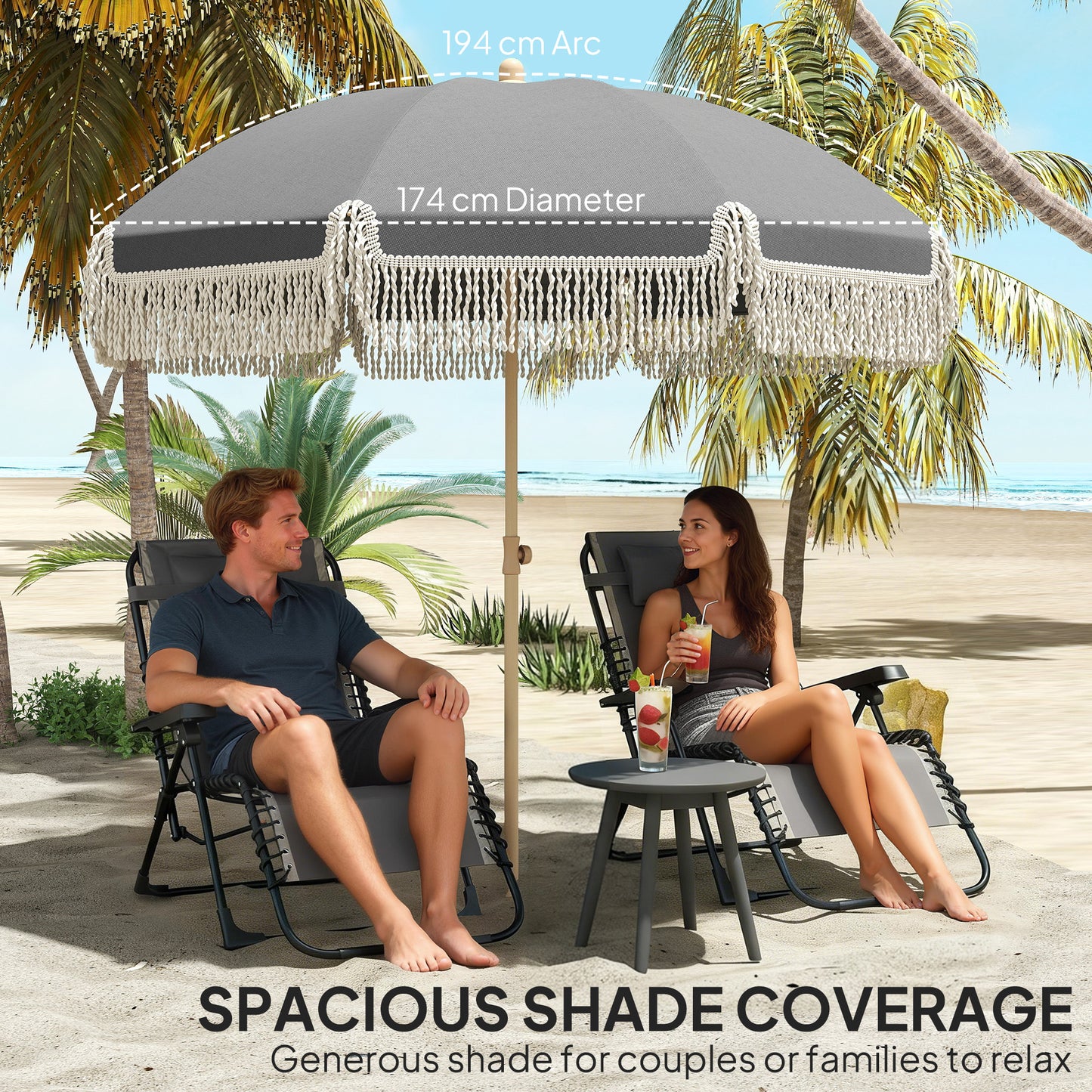 Outsunny 1.7 m Beach Umbrella with Sand Anchor, 30° Tilting Beach Garden Parasol with Adjustable Height, Grey