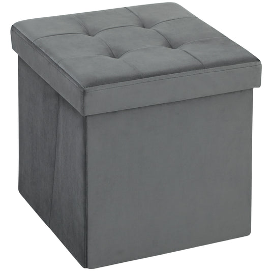 HOMCOM Foldable Velvet-Feel Storage Ottoman - Grey