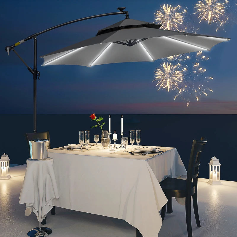 Outsunny 3m Cantilever Banana Parasol Hanging Umbrella with Double Roof, LED Solar lights, Crank, 8 Sturdy Ribs and Cross Base for Outdoor, Garden, Patio, Light Grey