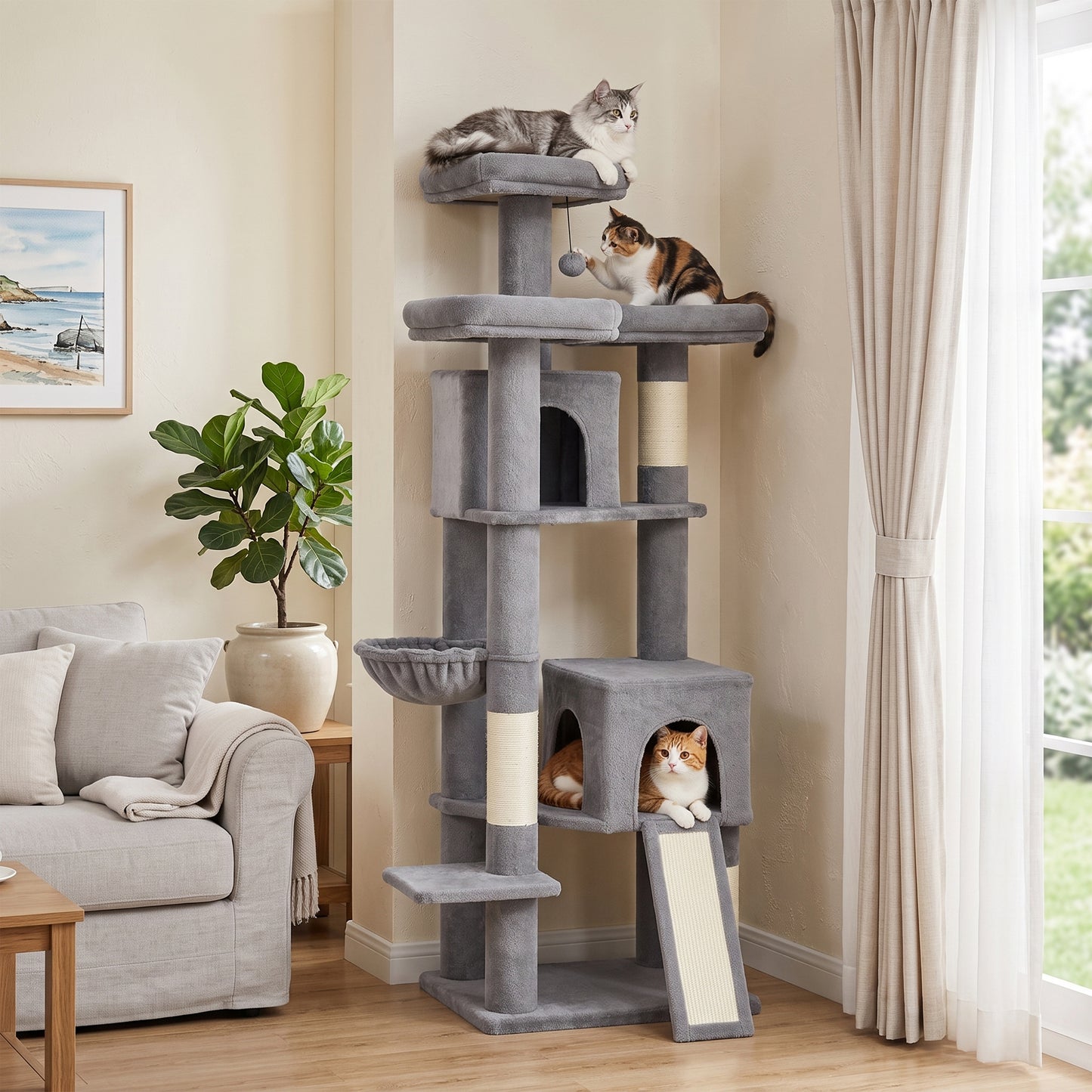 PawHut 184cm Large Cat Tree for Indoor Cats, Multi-Level Tall Kitty Tower with 3 Scratching Posts, 2 Condos, 3 Padded Beds