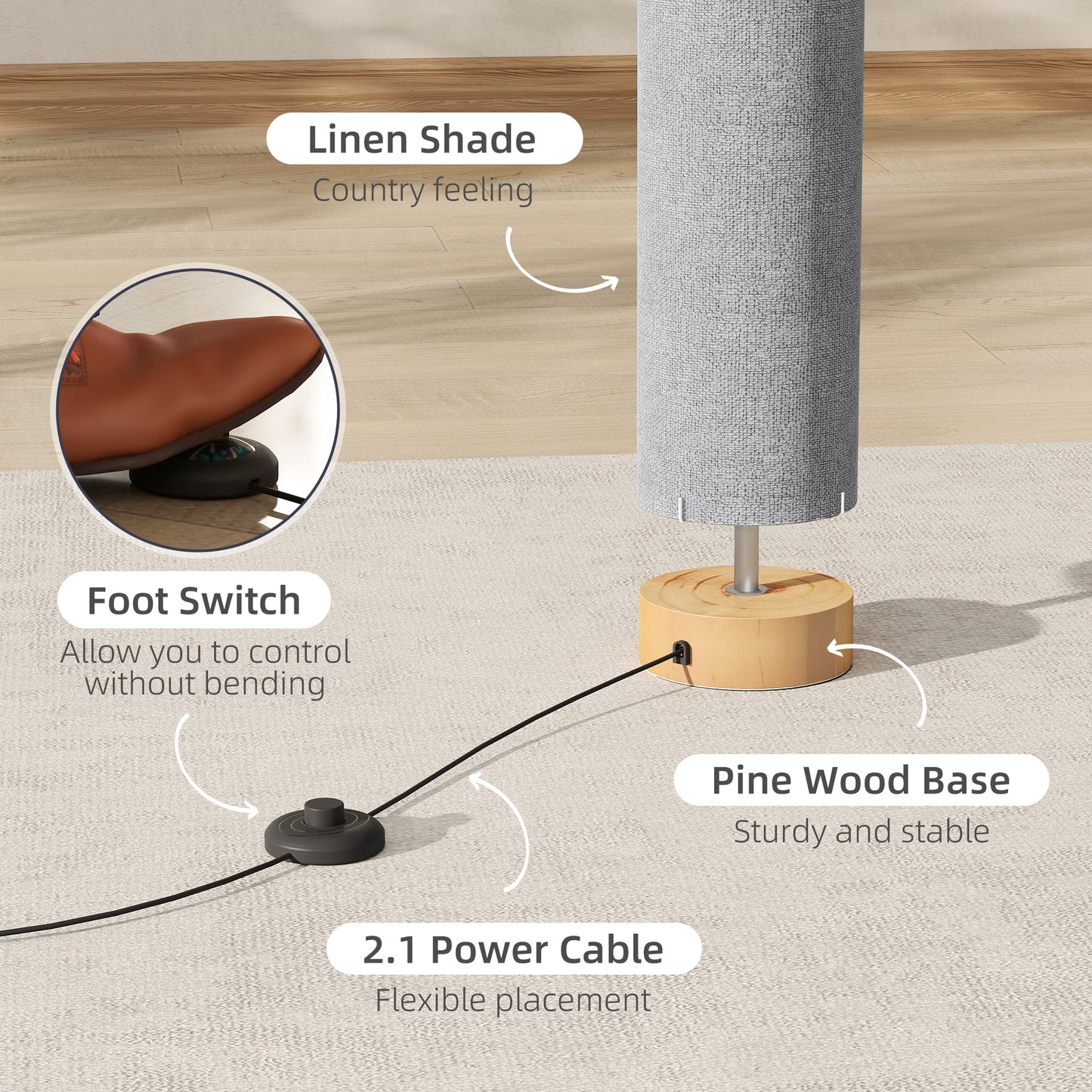 HOMCOM LED Floor Lamp, 120cm Modern Standing Lamp with 3 Colour Temperatures, Linen Shade, Wooden Base, Grey