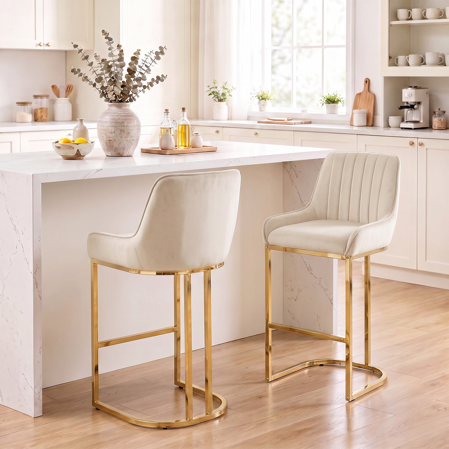 HOMCOM Bar Stools Set of 2 with Backrest, Footrest, Gold Electroplated Legs for Kitchen Island, Dining Room, Cream White