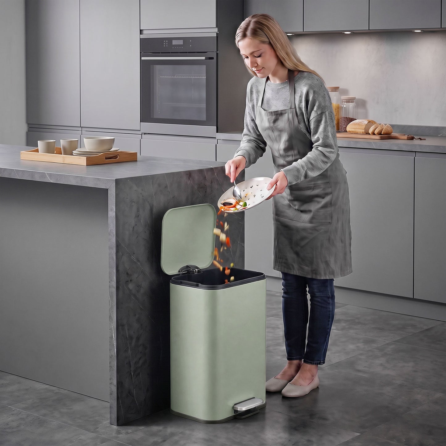 HOMCOM 20 L Kitchen Pedal Bin, Metal Rubbish Bin with Removable Inner Bucket, Soft-Close & Stay-Open Lid, Light Green