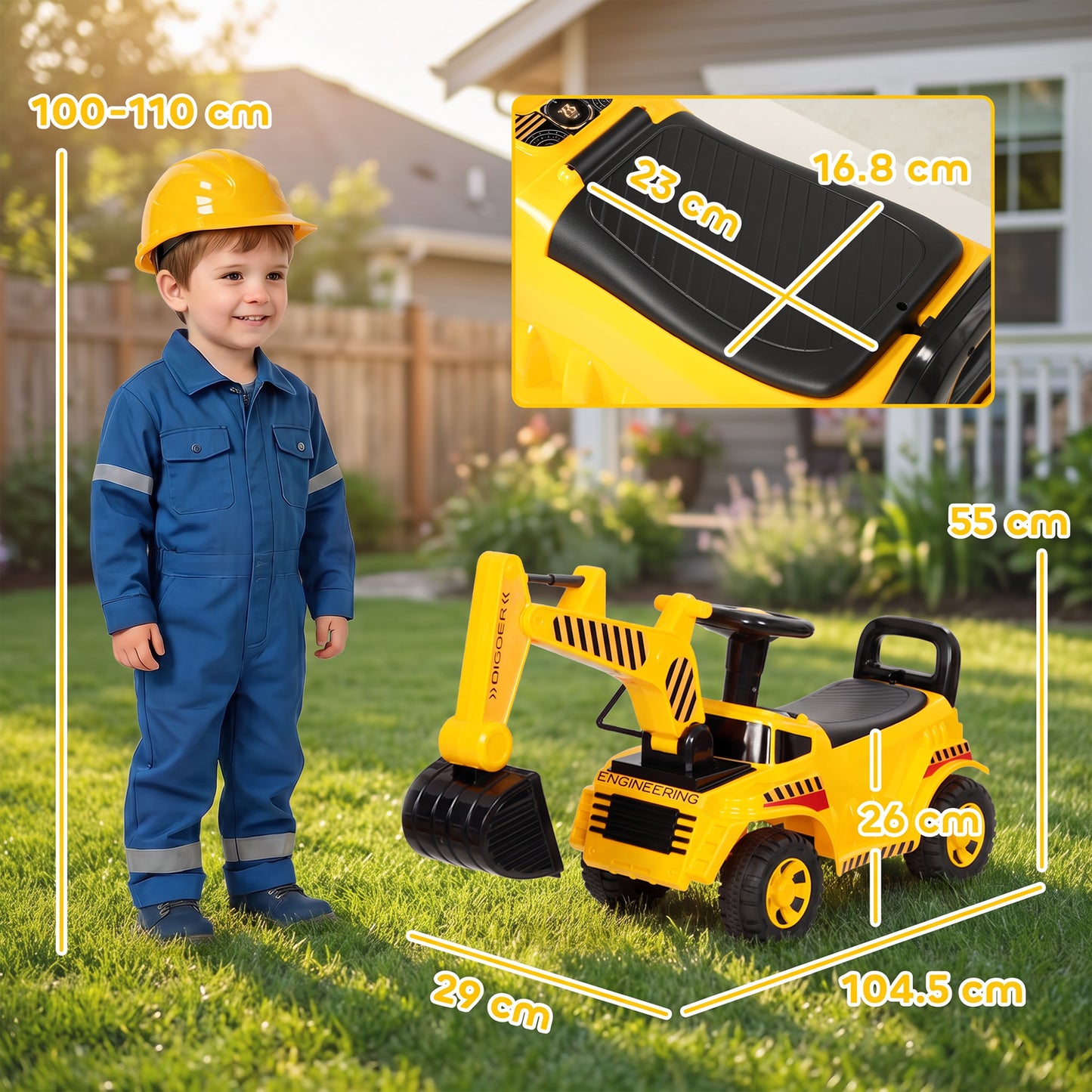 AIYAPLAY Kids Ride on Digger, Toddler Construction Toy Car with Security Helmet, Horn, Detachable Digging Arm