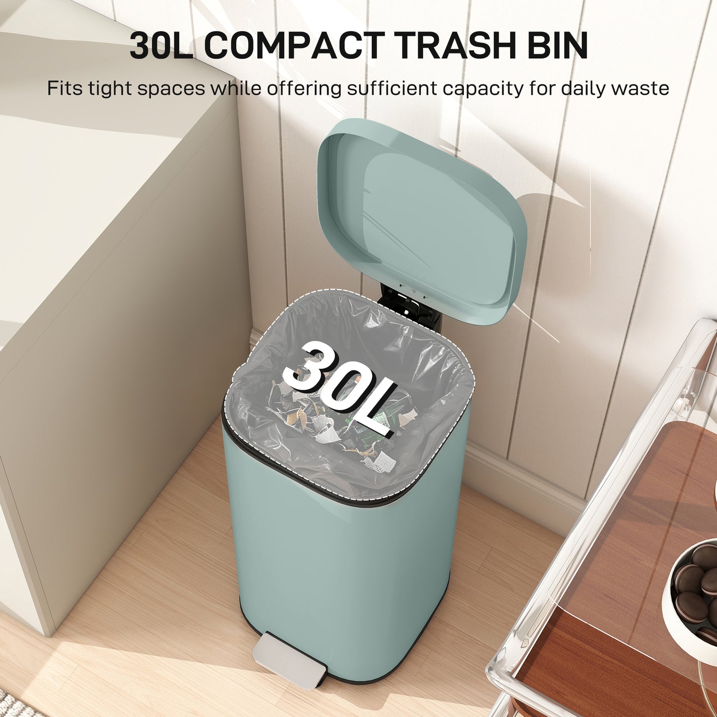 HOMCOM 30L Kitchen Bin, Compact Pedal Bin with Soft-Close and Stay-Open Lid, Removable Bucket for Kitchen, Home, Office, Green