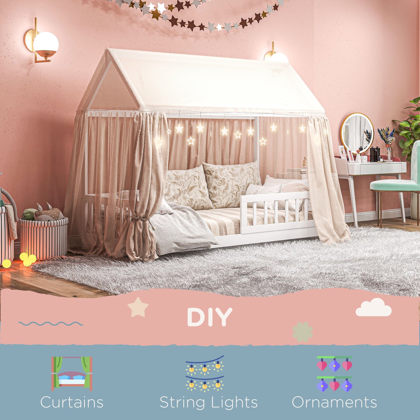 HOMCOM House-Shaped Kids Bed Frame with Safety Fence, Solid Pine Wood Single Bed Frame for Kids Boys and Girls