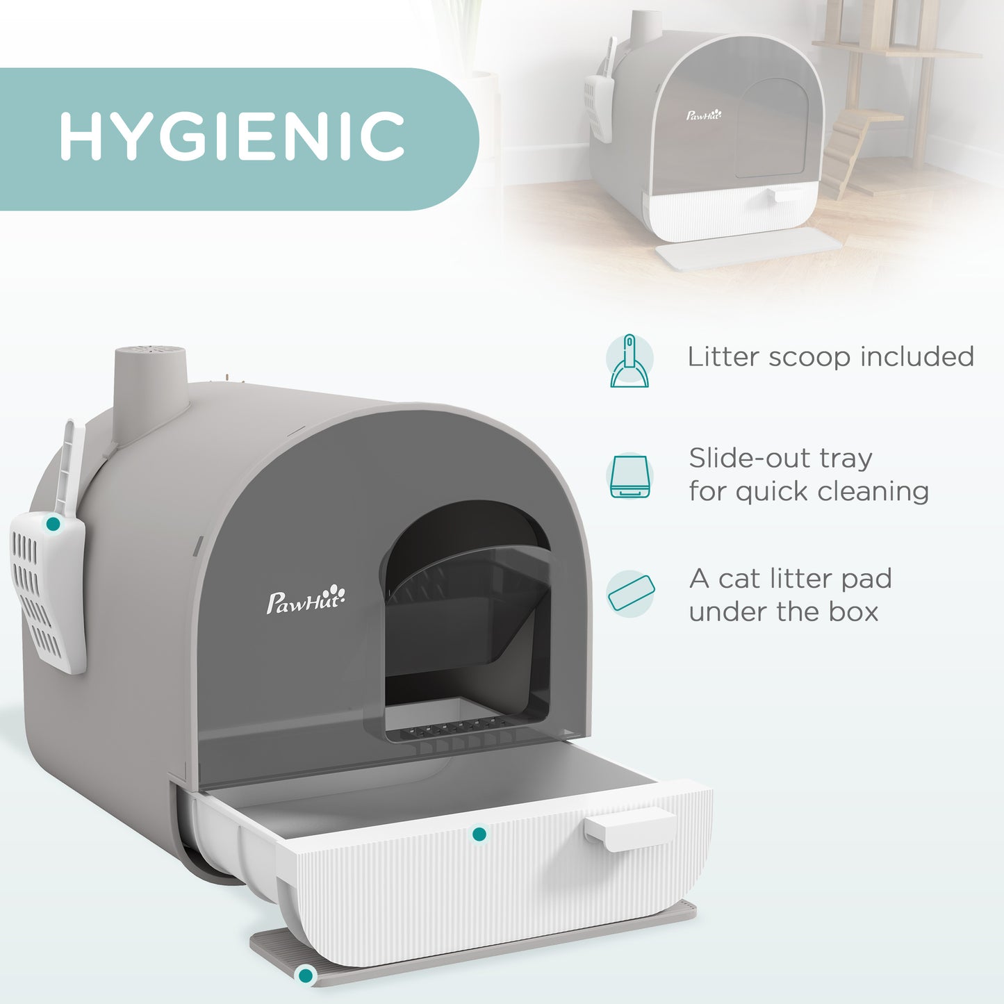 PawHut Hooded Cat Litter Box, Kitten Litter Tray, with Lid, Scoop, Filter, Flap Door, Light Grey