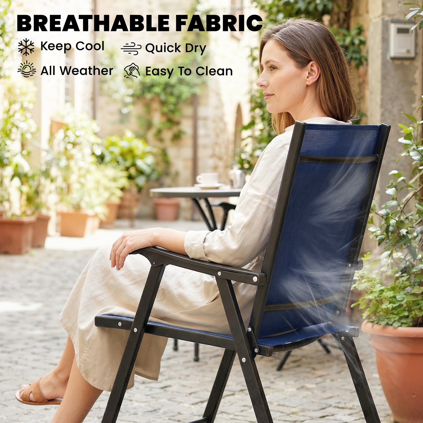 Outsunny Folding Garden Chairs Set of 4, Foldable Garden Dining Chairs with High Back, Armrests, Texteline Seat, Navy Blue