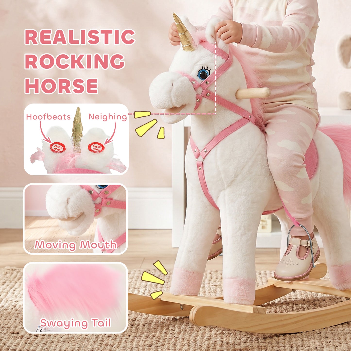 AIYAPLAY Rocking Horse, Unicorn Kids Ride on Horse with Rocking Limit, Hoofbeats, Neighing, Moving Mouth & Tail, for 1-3 Y, White