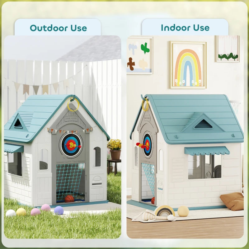 AIYAPLAY 5-in-1 Playhouse for Kids Outdoor Indoor with Basketball Hoop, Football Goal, Dartboard, Ring Toss for 2-5 Years