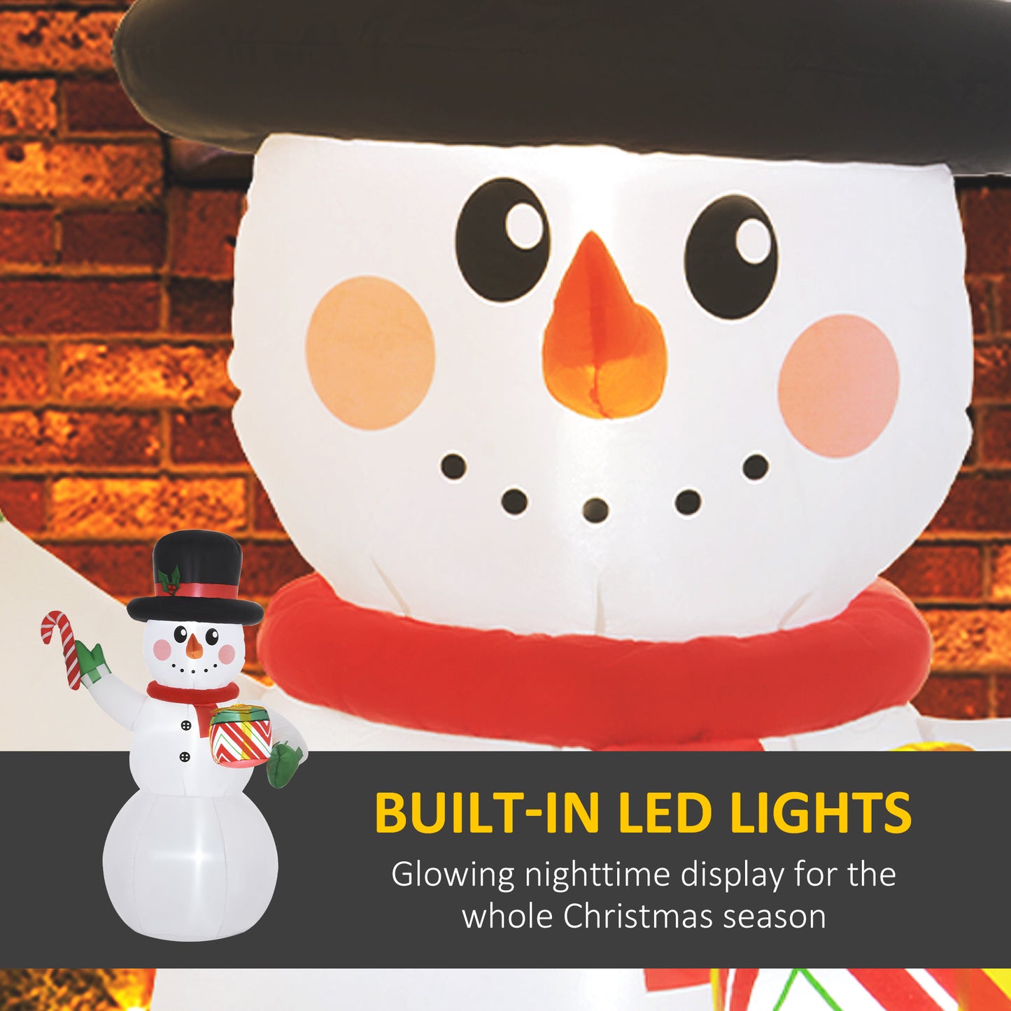 Outsunny 6FT Christmas Inflatable Snowman with Candy Cane and Gift Box, Christmas Blow Up Snowman with Built-in LED Light for Indoor, Outdoor, Party